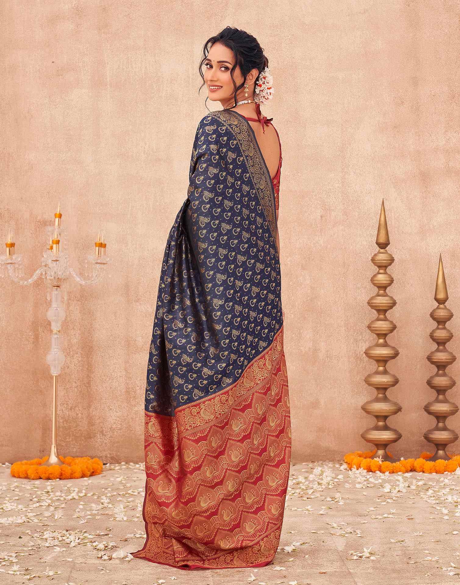 Navy Blue Shimmer Silk Woven Banarasi Saree - Image 6