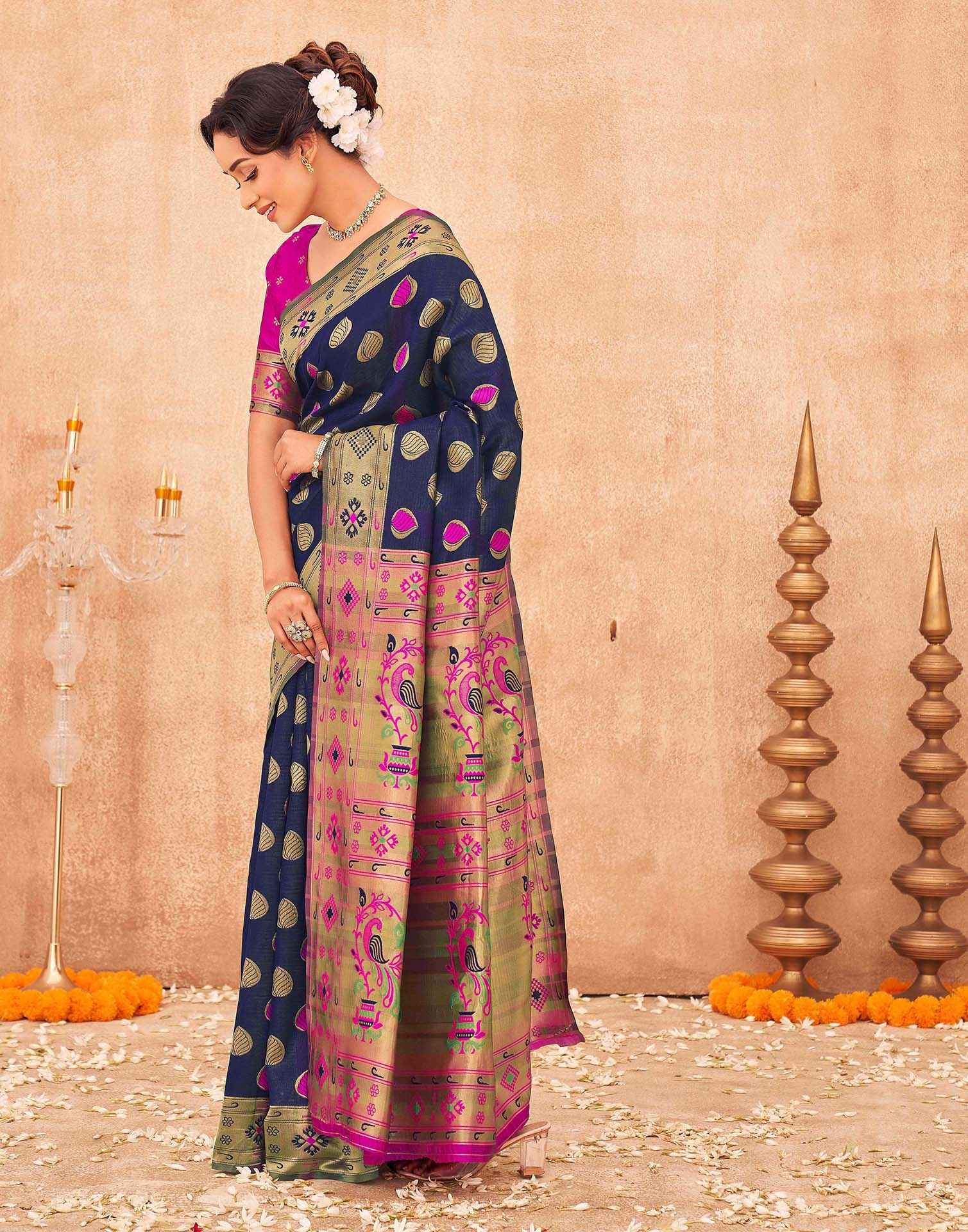 Navy Blue Shimmer Silk Woven Paithani Saree - Image 4