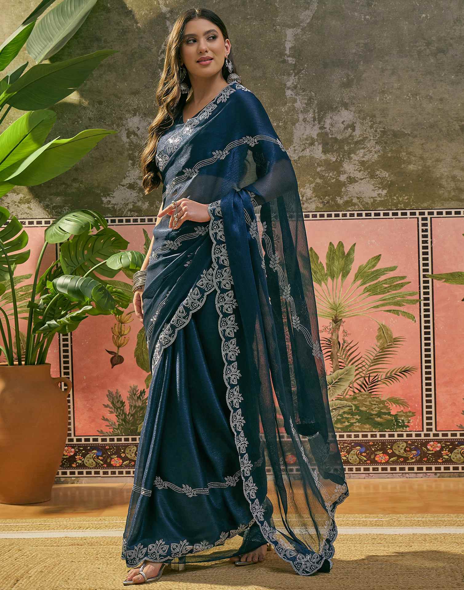 Navy Blue Shimmer Stone Work Embellished Saree - Image 5