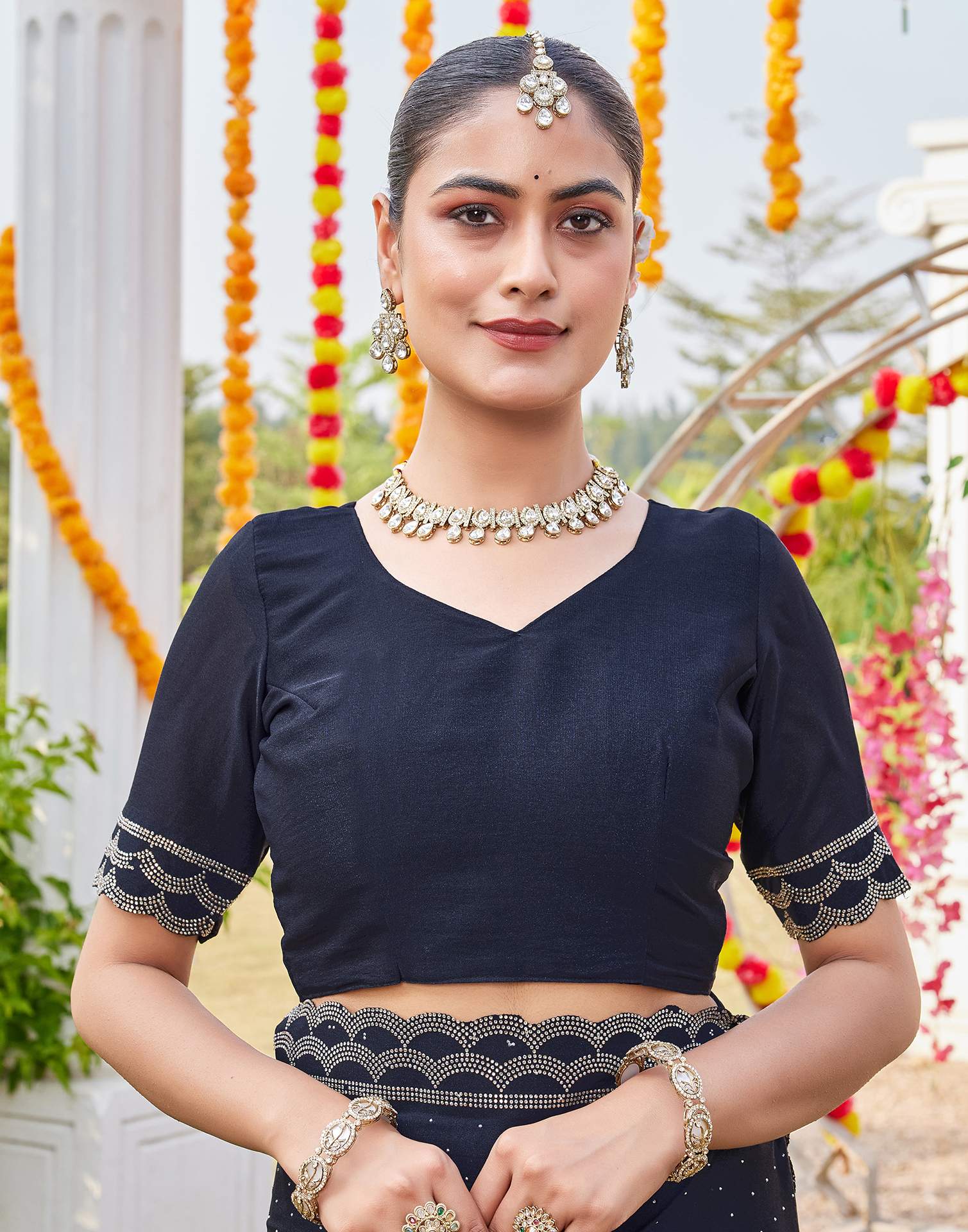 Navy Blue Shimmer Stone Work Swarovski Saree - Image 10