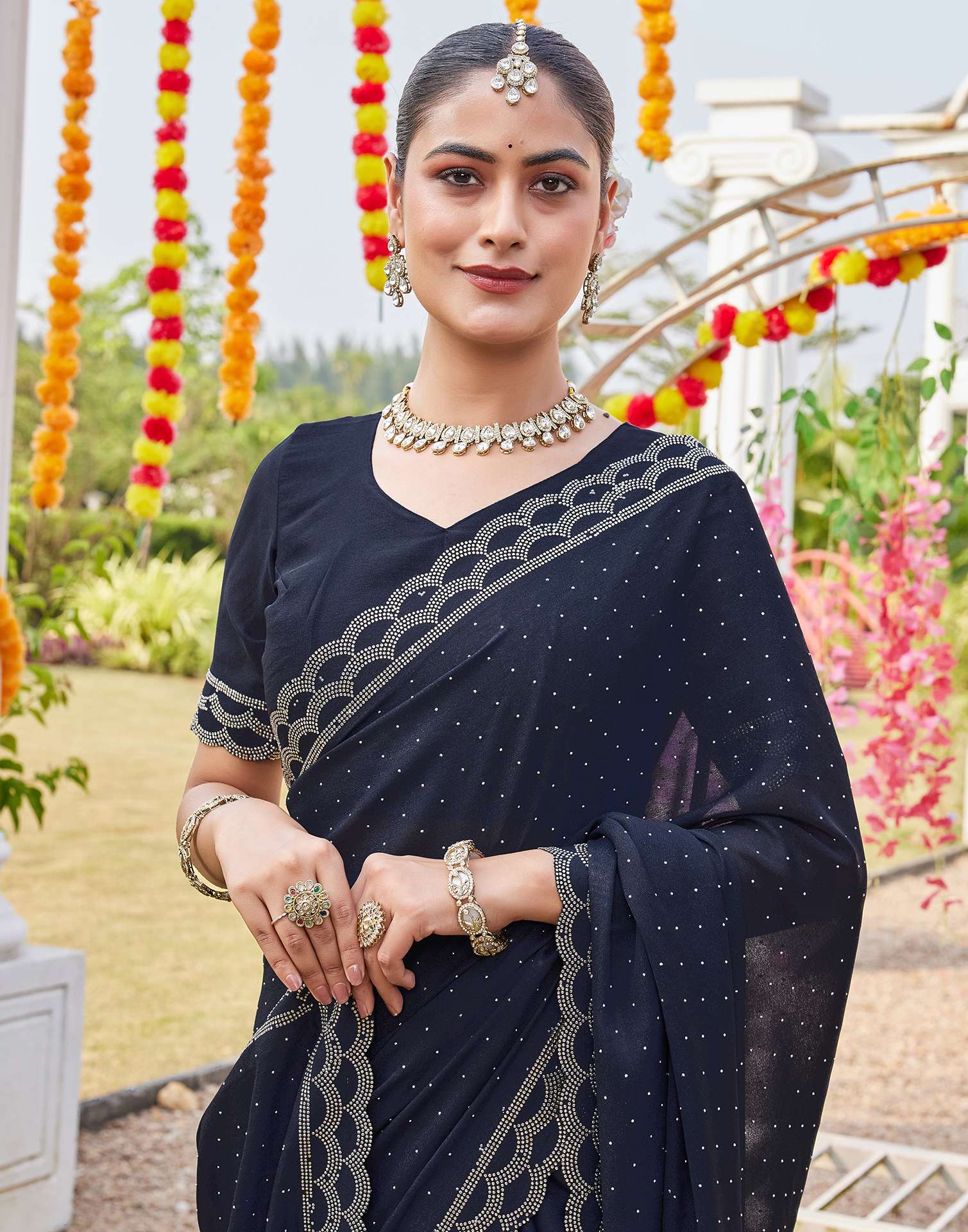 Navy Blue Shimmer Stone Work Swarovski Saree - Image 2
