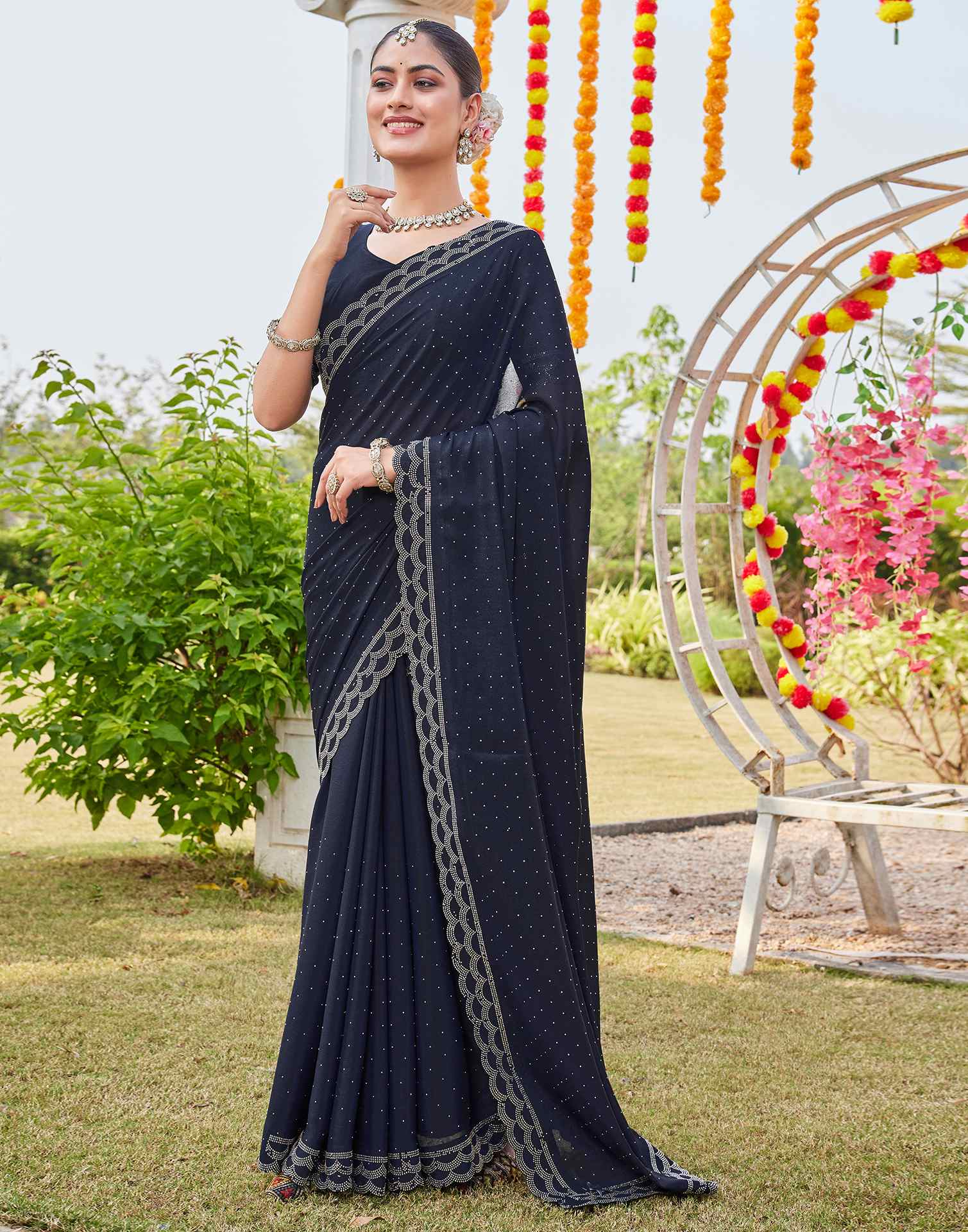 Navy Blue Shimmer Stone Work Swarovski Saree - Image 4