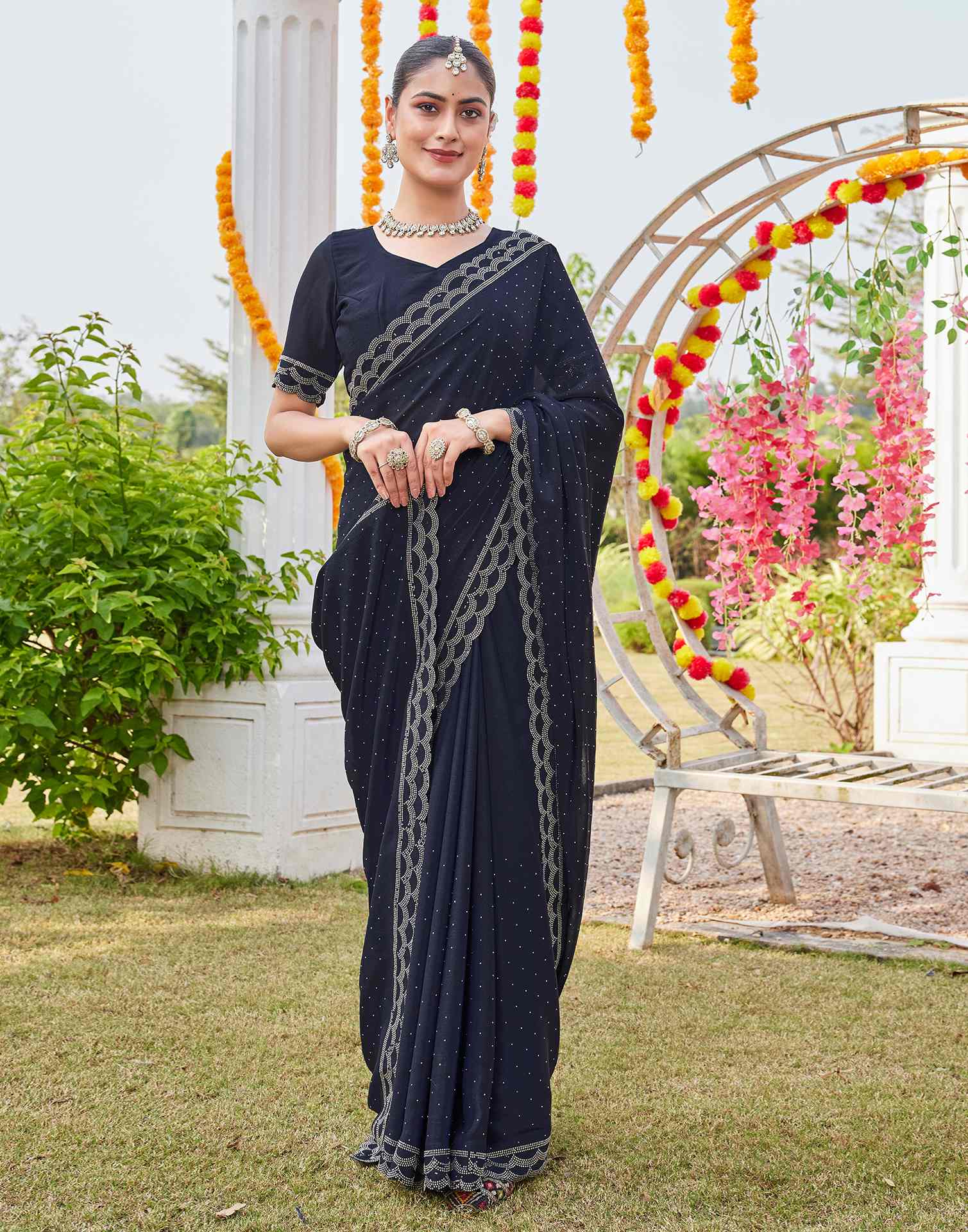 Navy Blue Shimmer Stone Work Swarovski Saree - Image 5