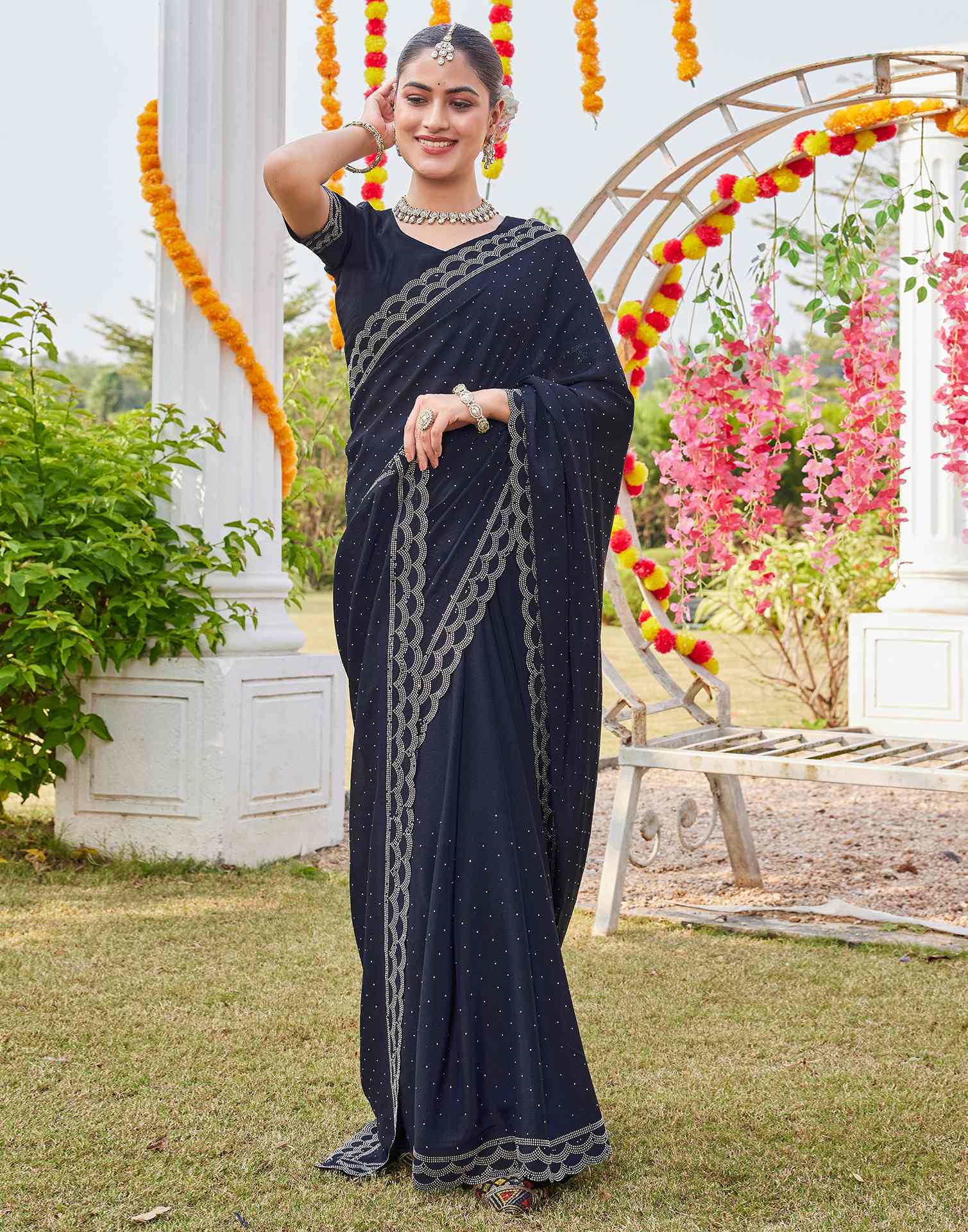 Navy Blue Shimmer Stone Work Swarovski Saree - Image 7
