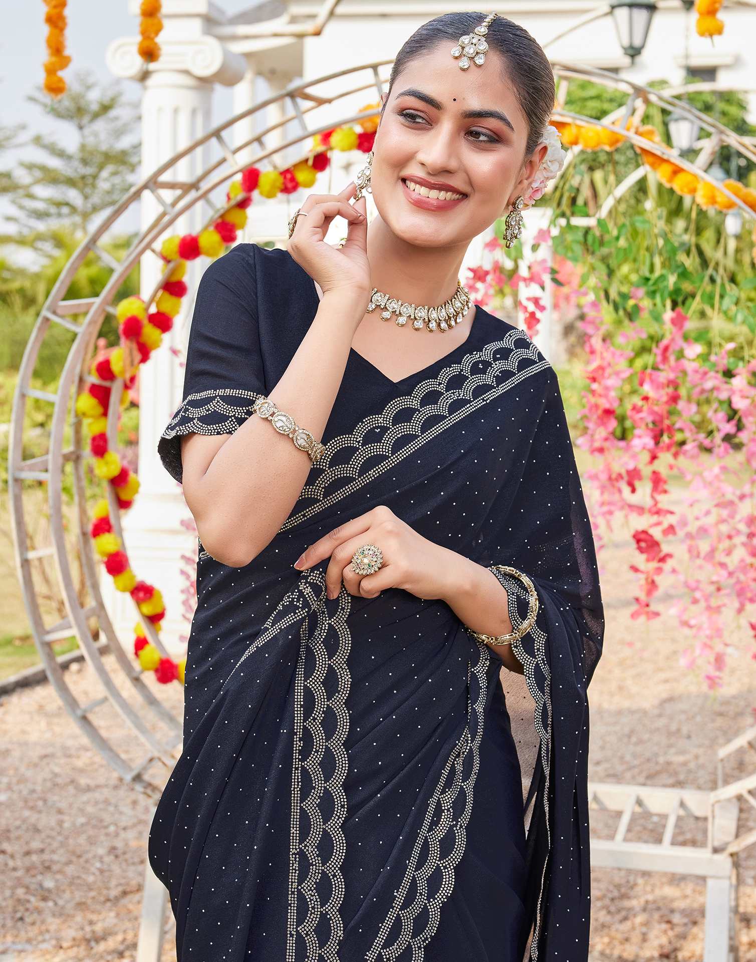 Navy Blue Shimmer Stone Work Swarovski Saree - Image 8