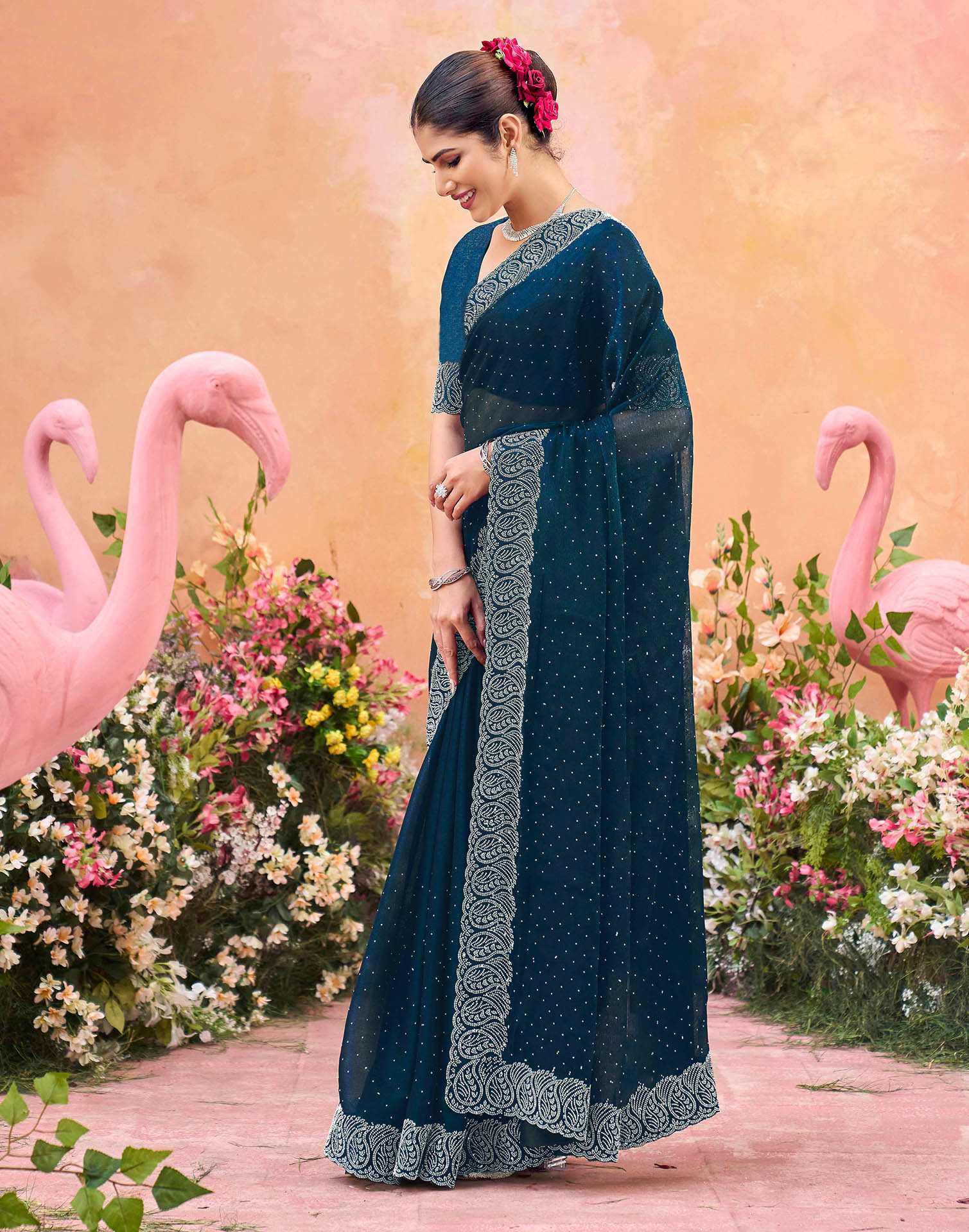 Navy Blue Shimmer Stone Work Swarovski Saree - Image 6