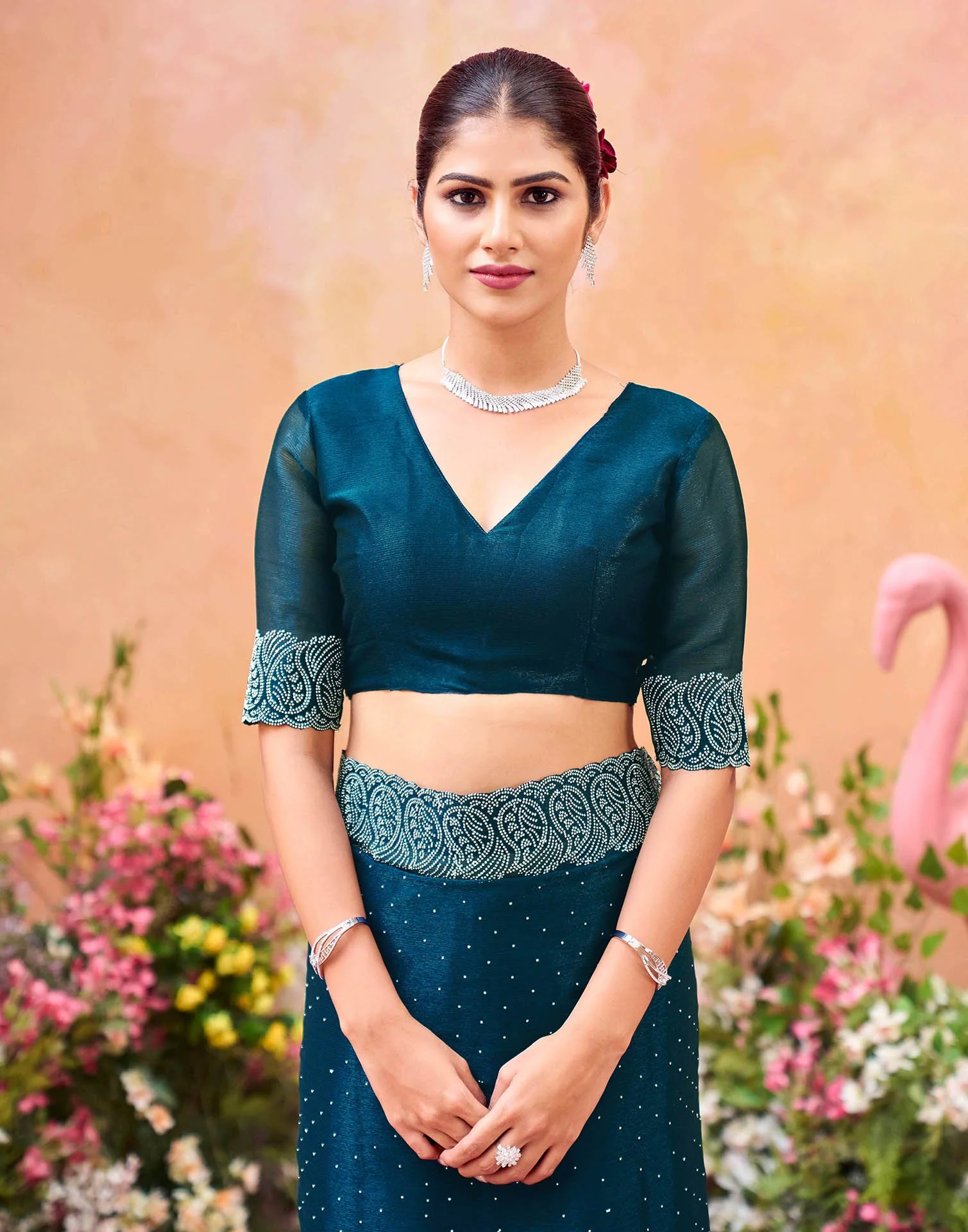 Navy Blue Shimmer Stone Work Swarovski Saree - Image 8