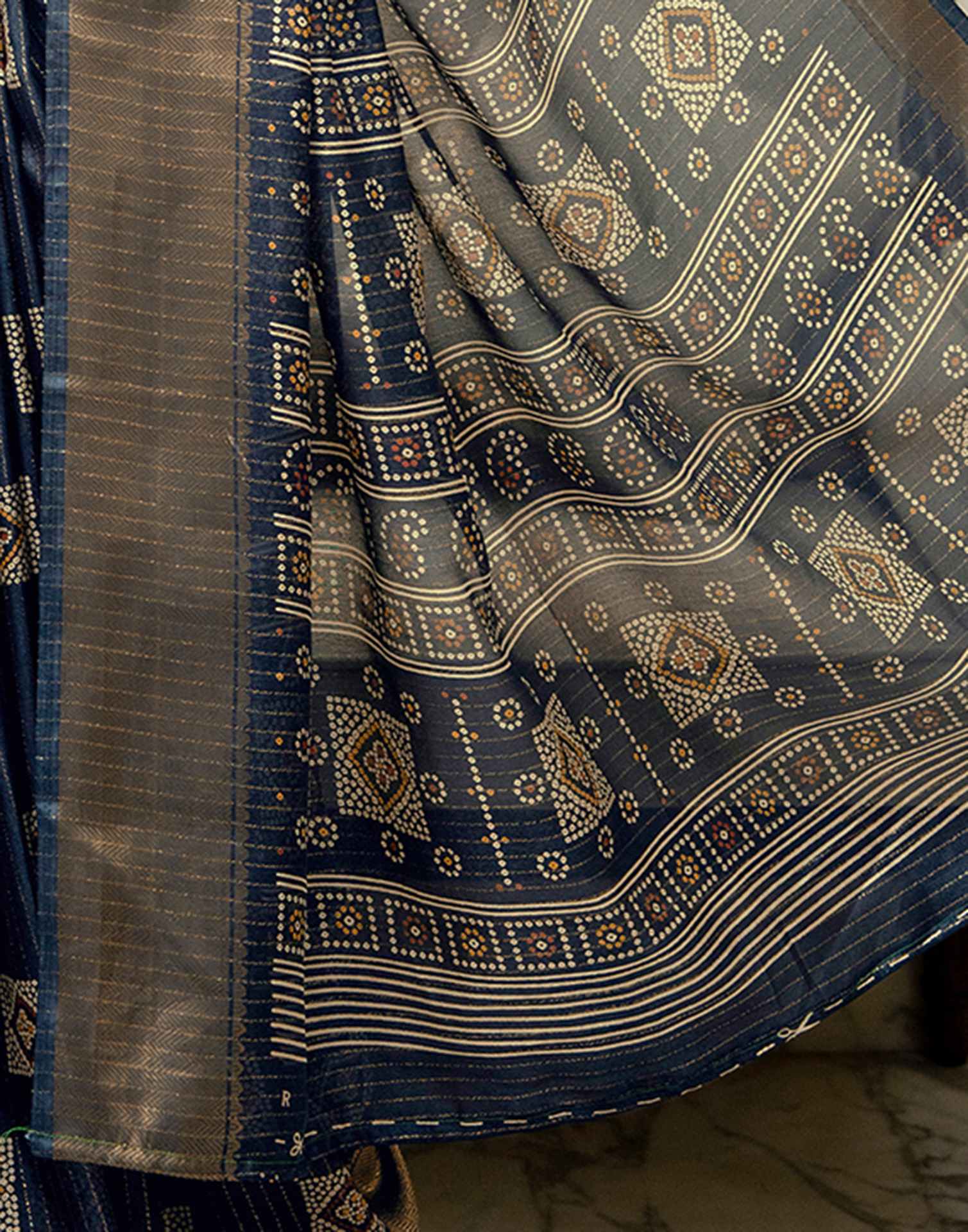 Navy Blue Silk Bandhani Printed Zari Stripe Saree  - Image 10