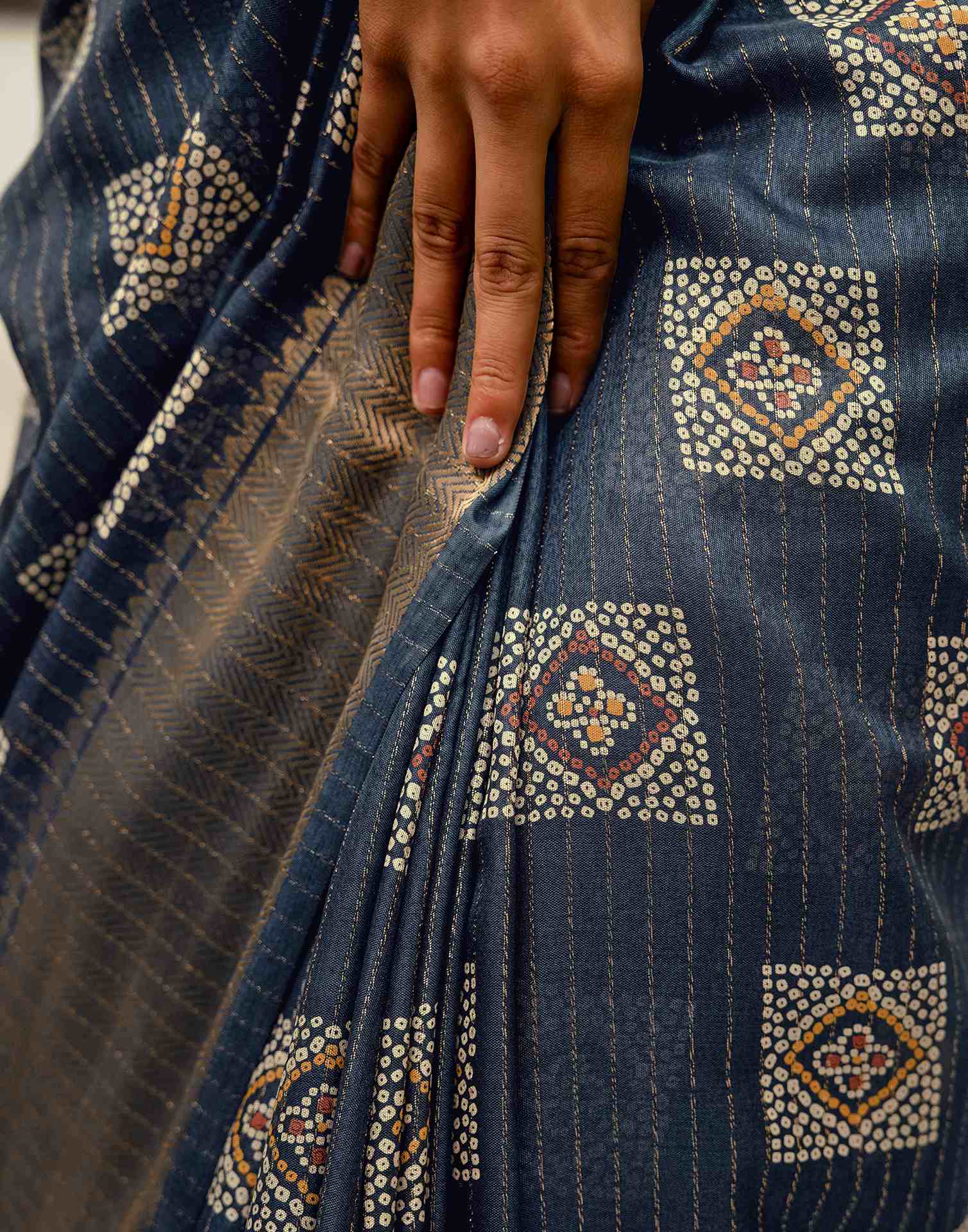 Navy Blue Silk Bandhani Printed Zari Stripe Saree  - Image 11