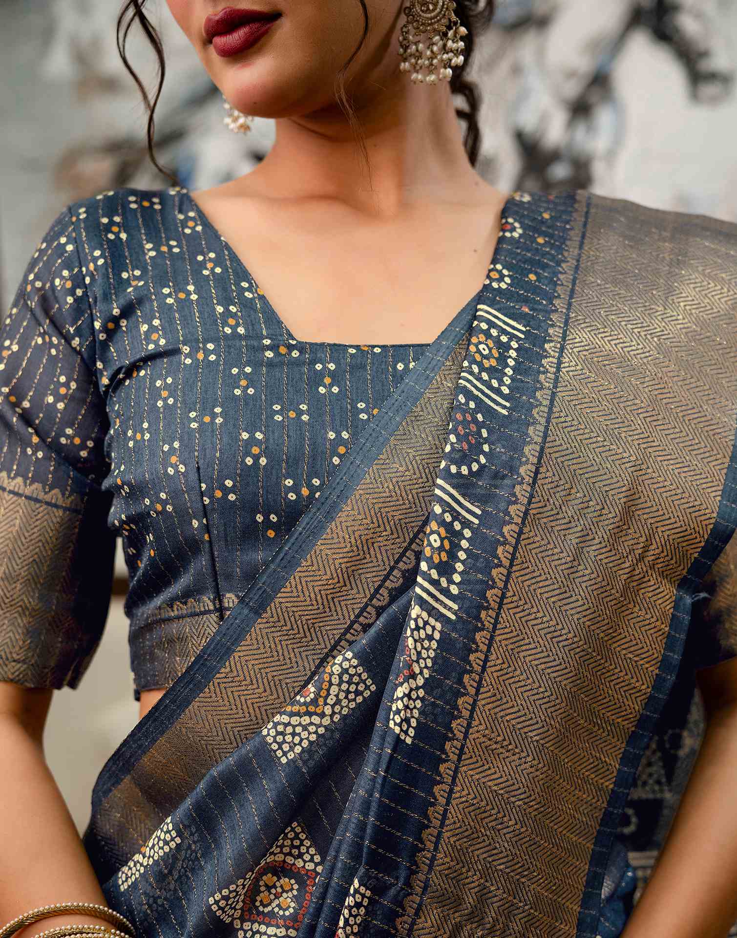 Navy Blue Silk Bandhani Printed Zari Stripe Saree  - Image 12