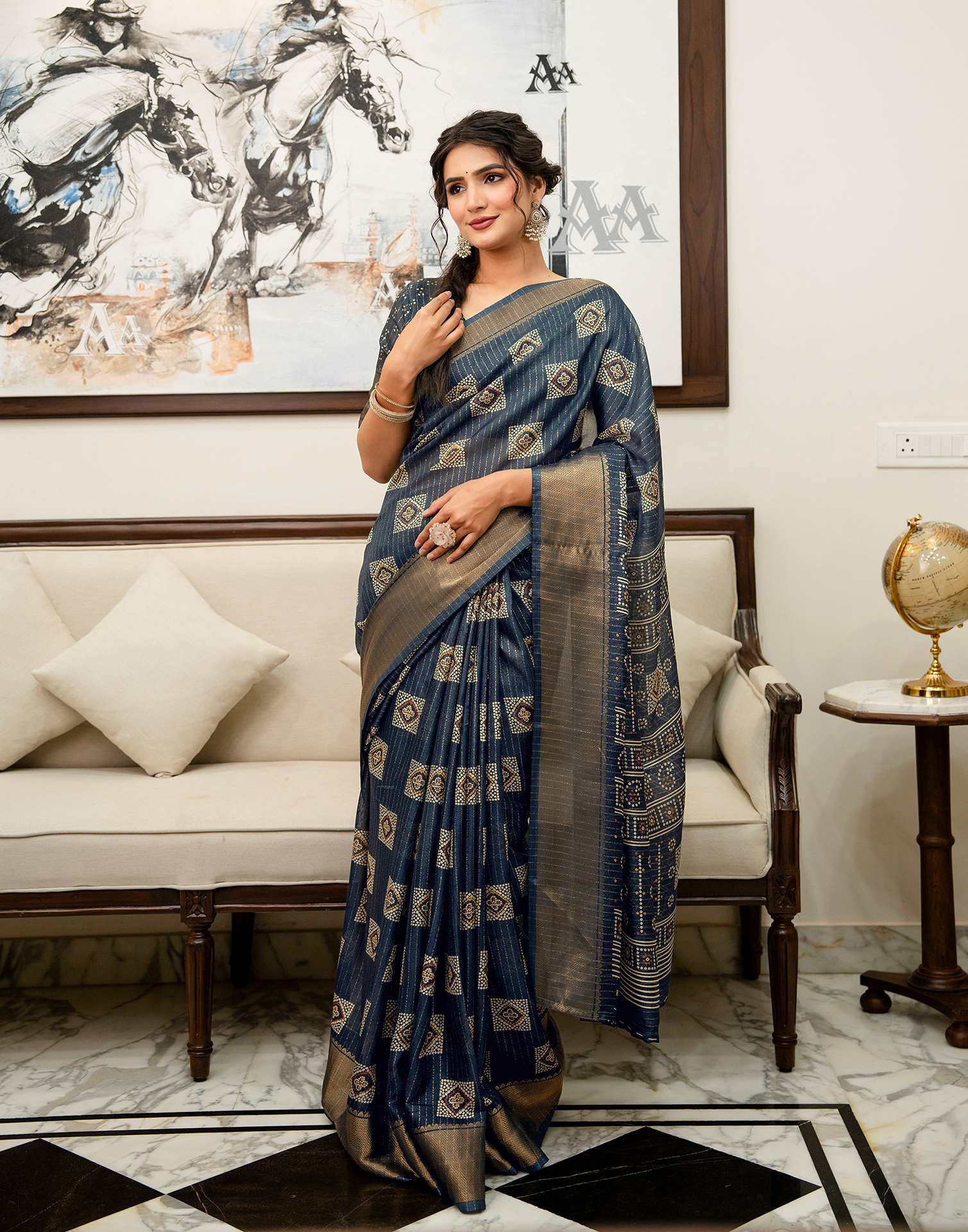 Navy Blue Silk Bandhani Printed Zari Stripe Saree  - Image 3