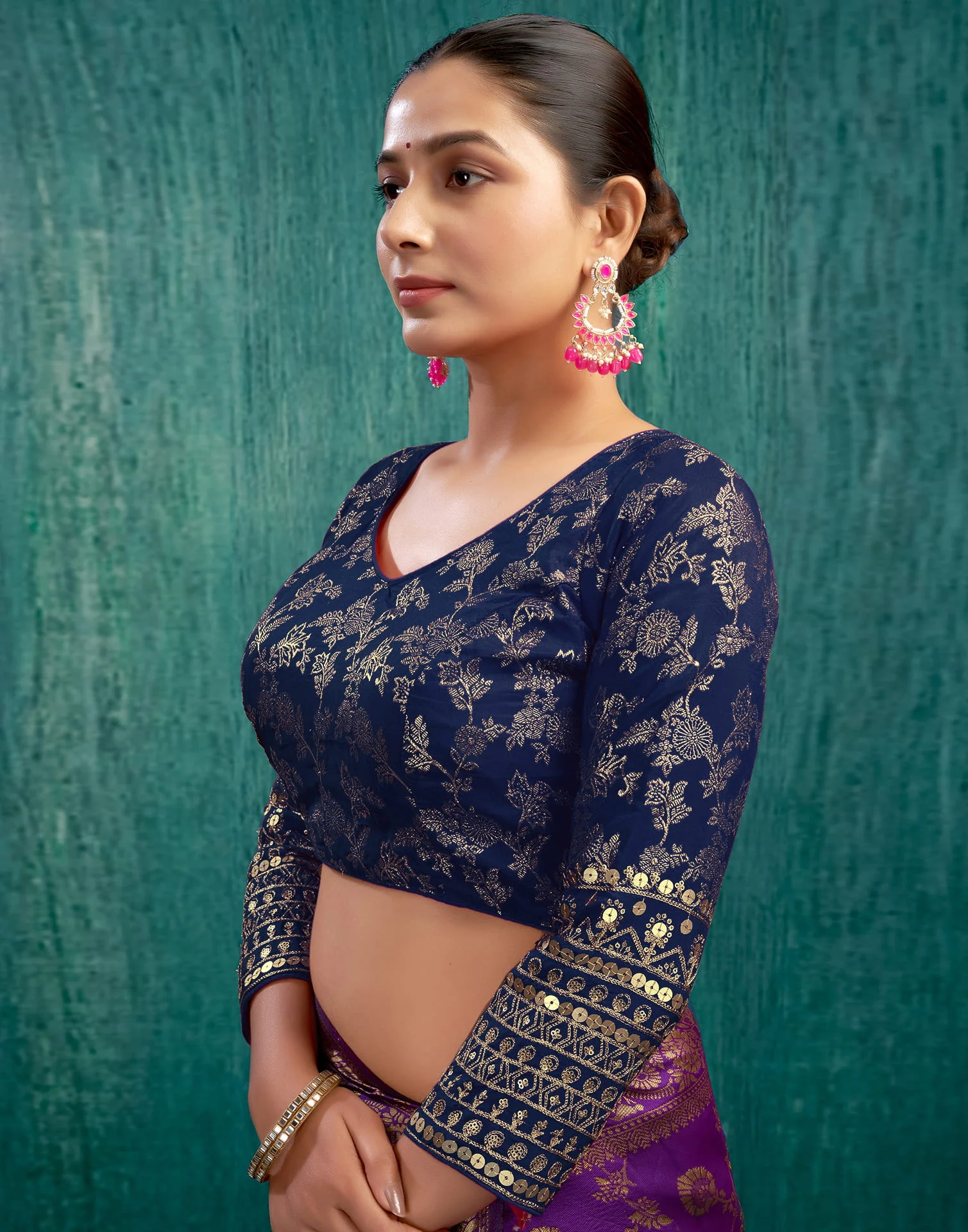 Navy Blue Silk Plain Embroidery Blouse - Image 4
