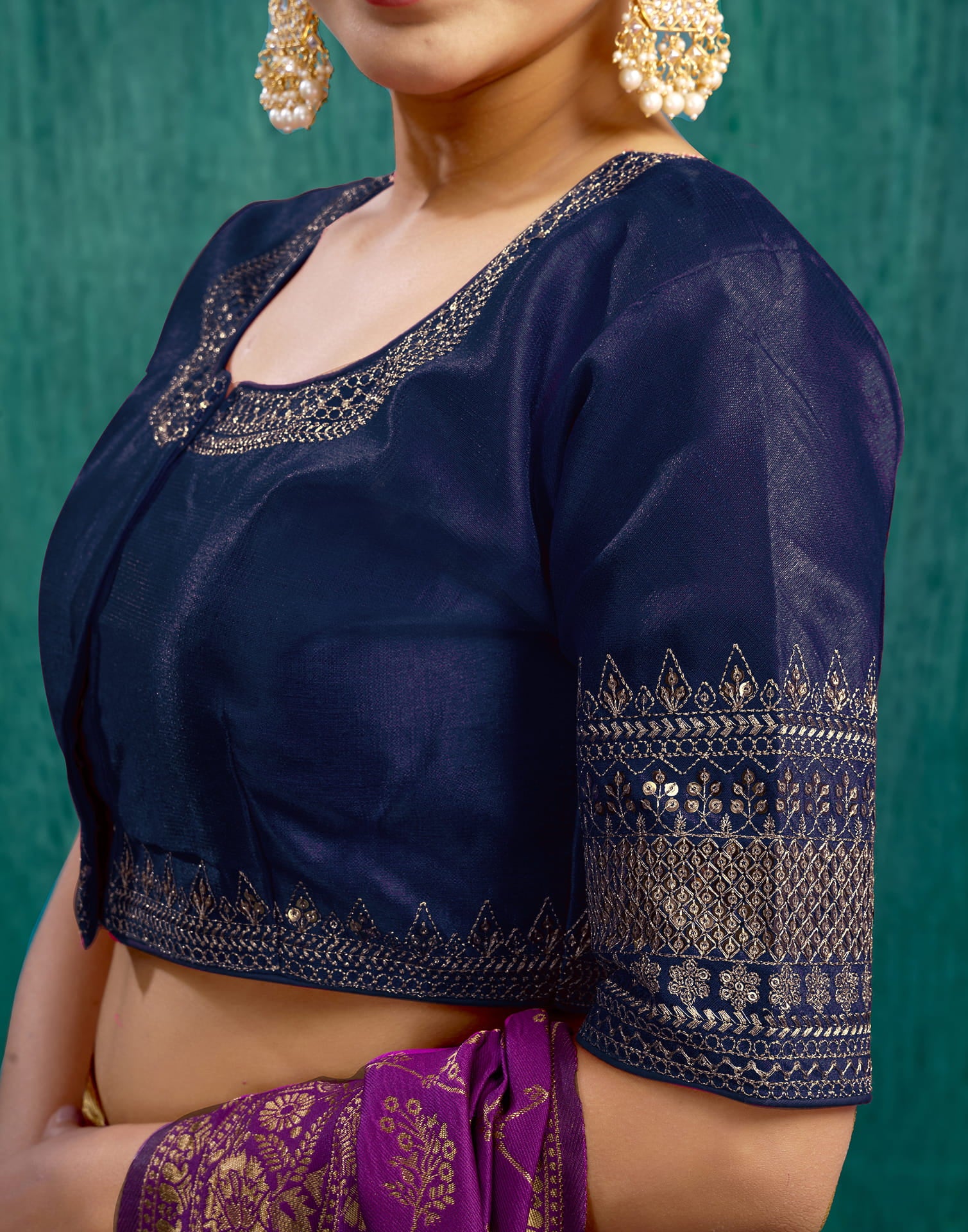 Navy Blue Silk Plain Sequence Blouse - Image 7