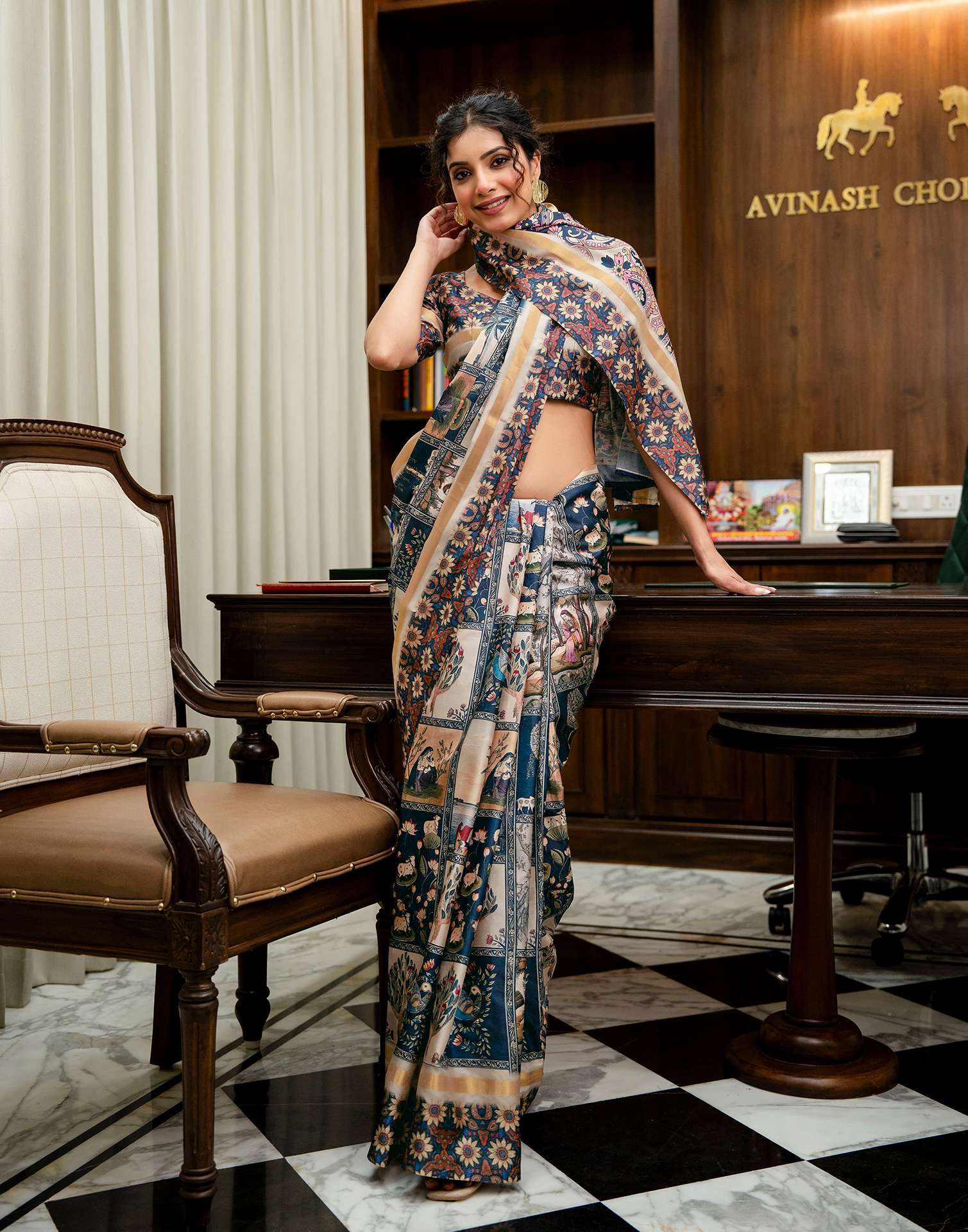Navy Blue Silk Printed Saree - Image 6