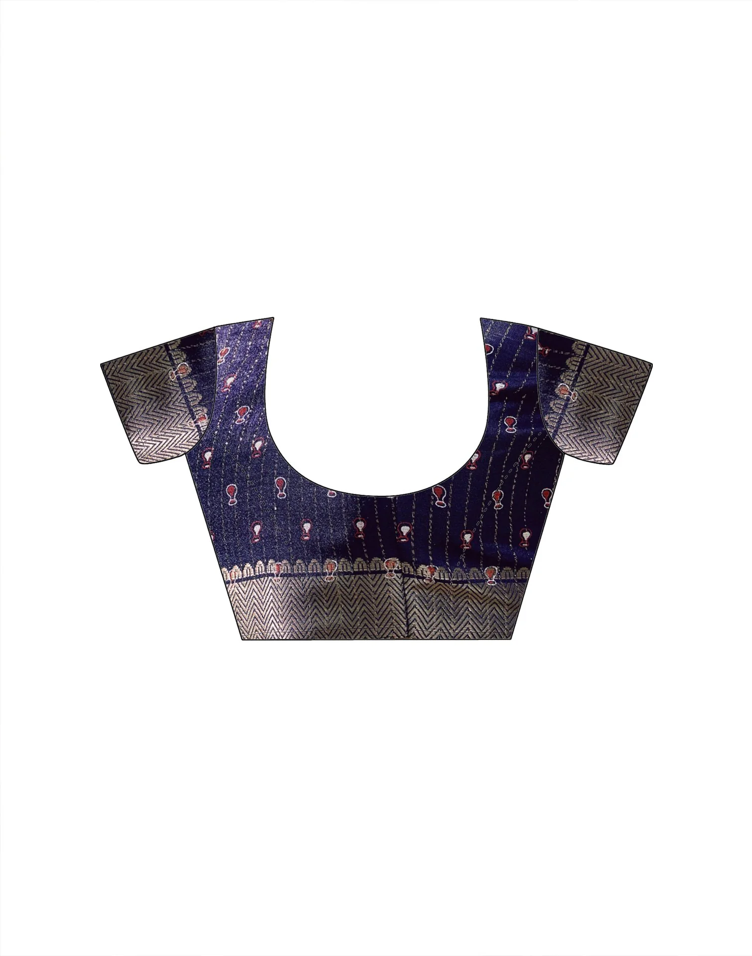 Navy Blue Silk Printed Zari Stripe Saree - Image 10