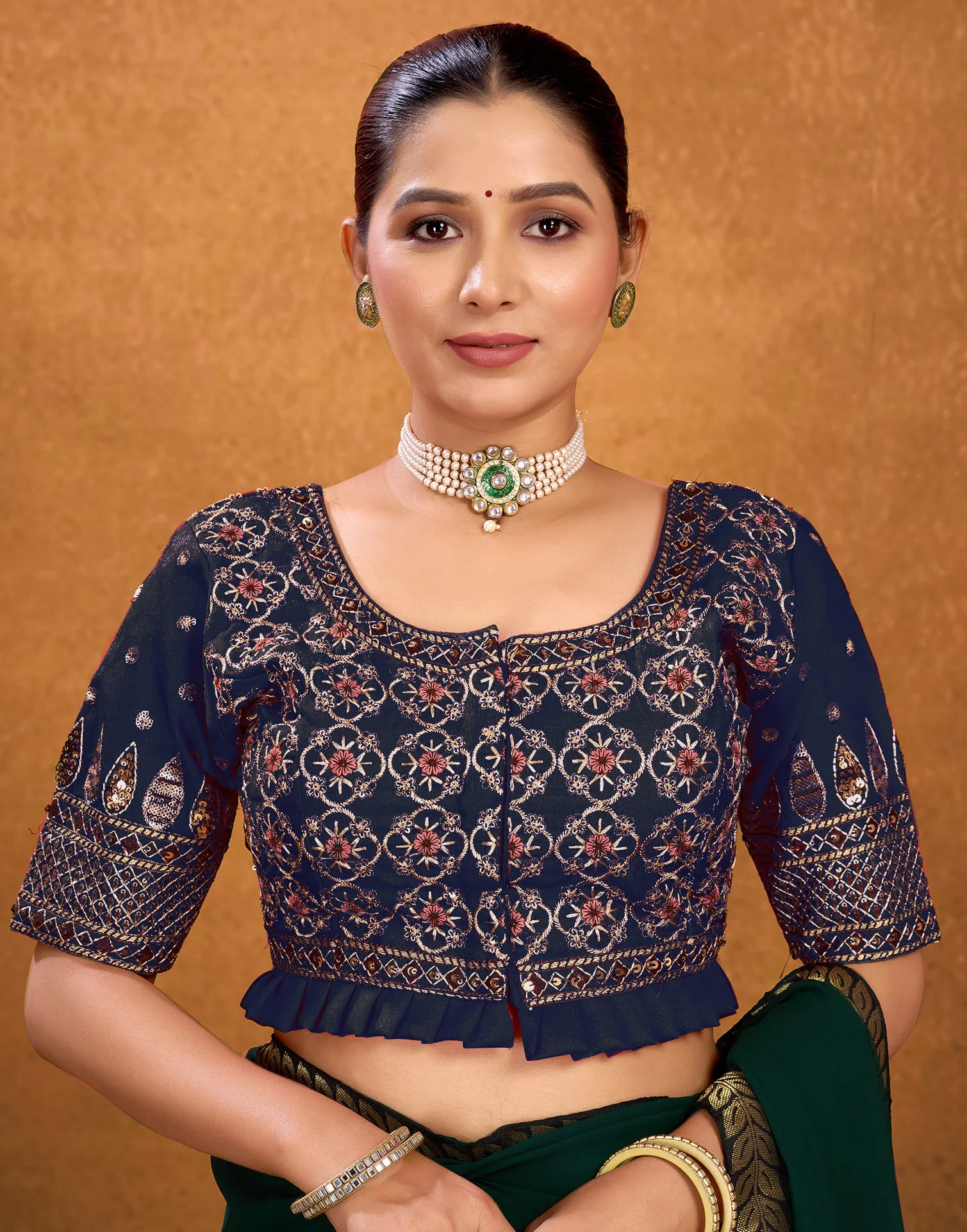 Navy Blue Silk Sequence Embroidery Blouse - Image 2