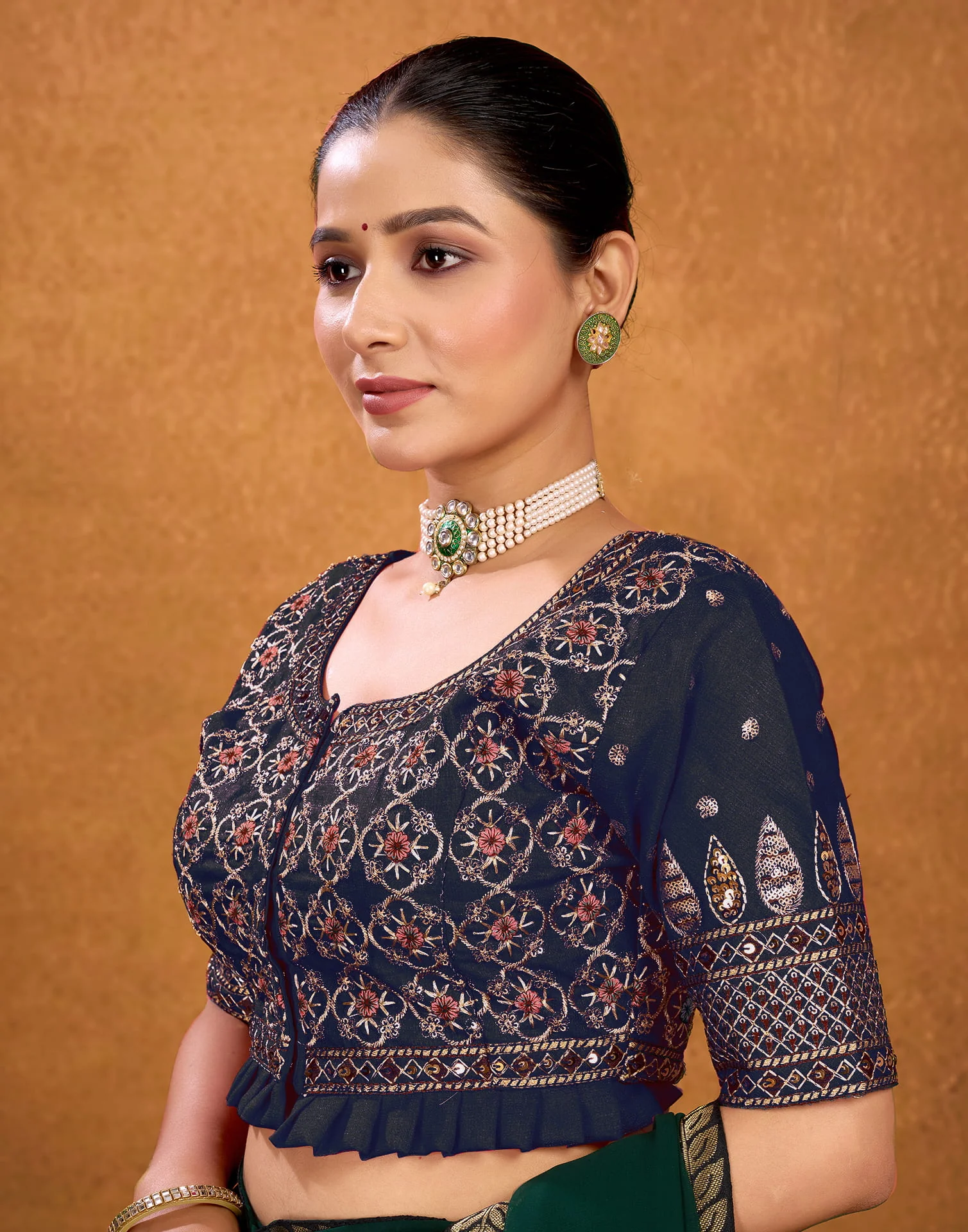 Navy Blue Silk Sequence Embroidery Blouse - Image 3