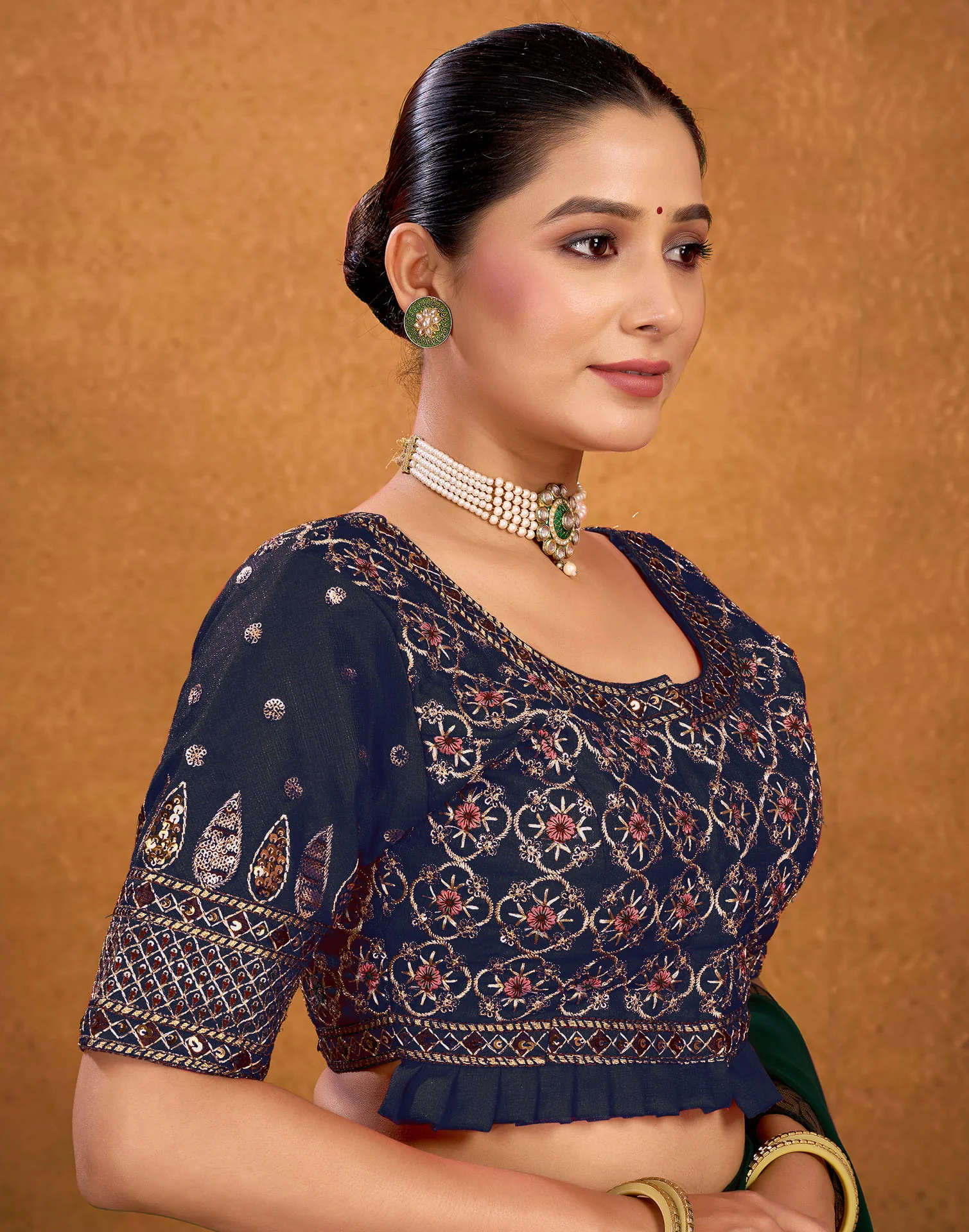 Navy Blue Silk Sequence Embroidery Blouse - Image 4