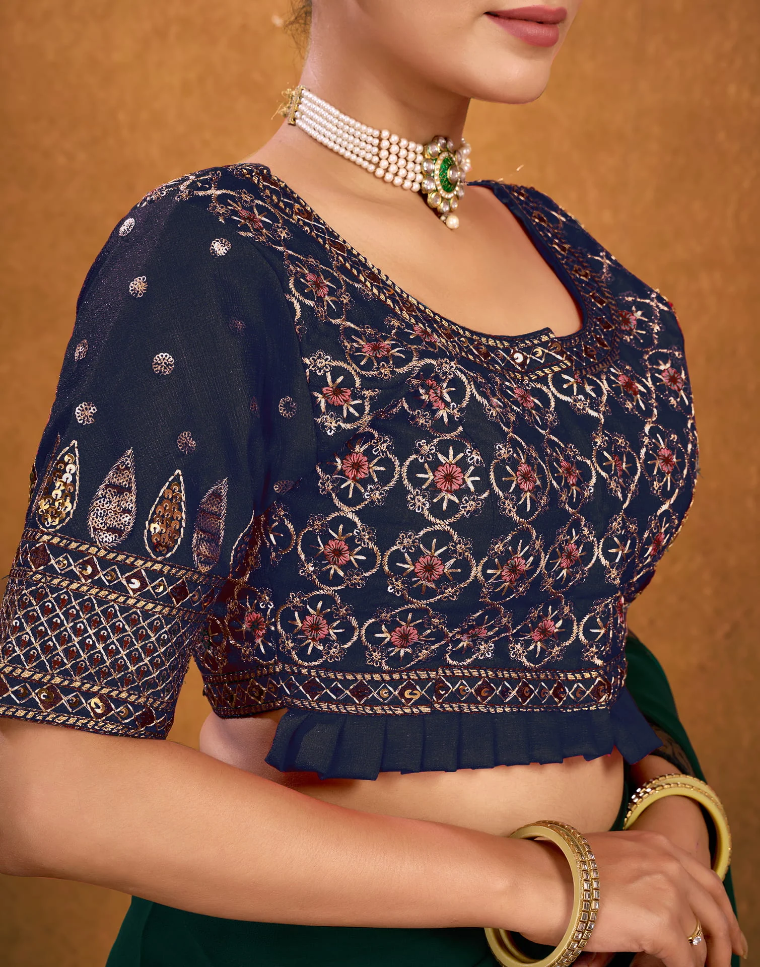 Navy Blue Silk Sequence Embroidery Blouse - Image 5