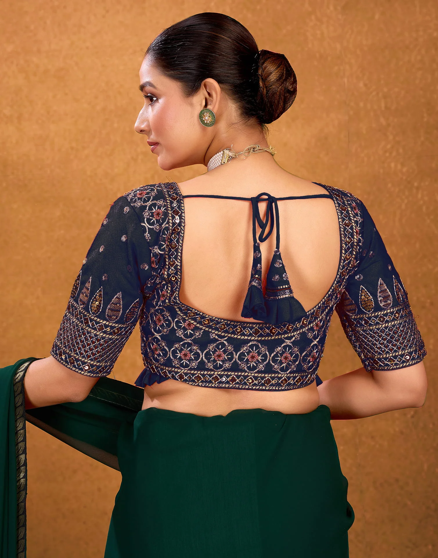 Navy Blue Silk Sequence Embroidery Blouse - Image 6