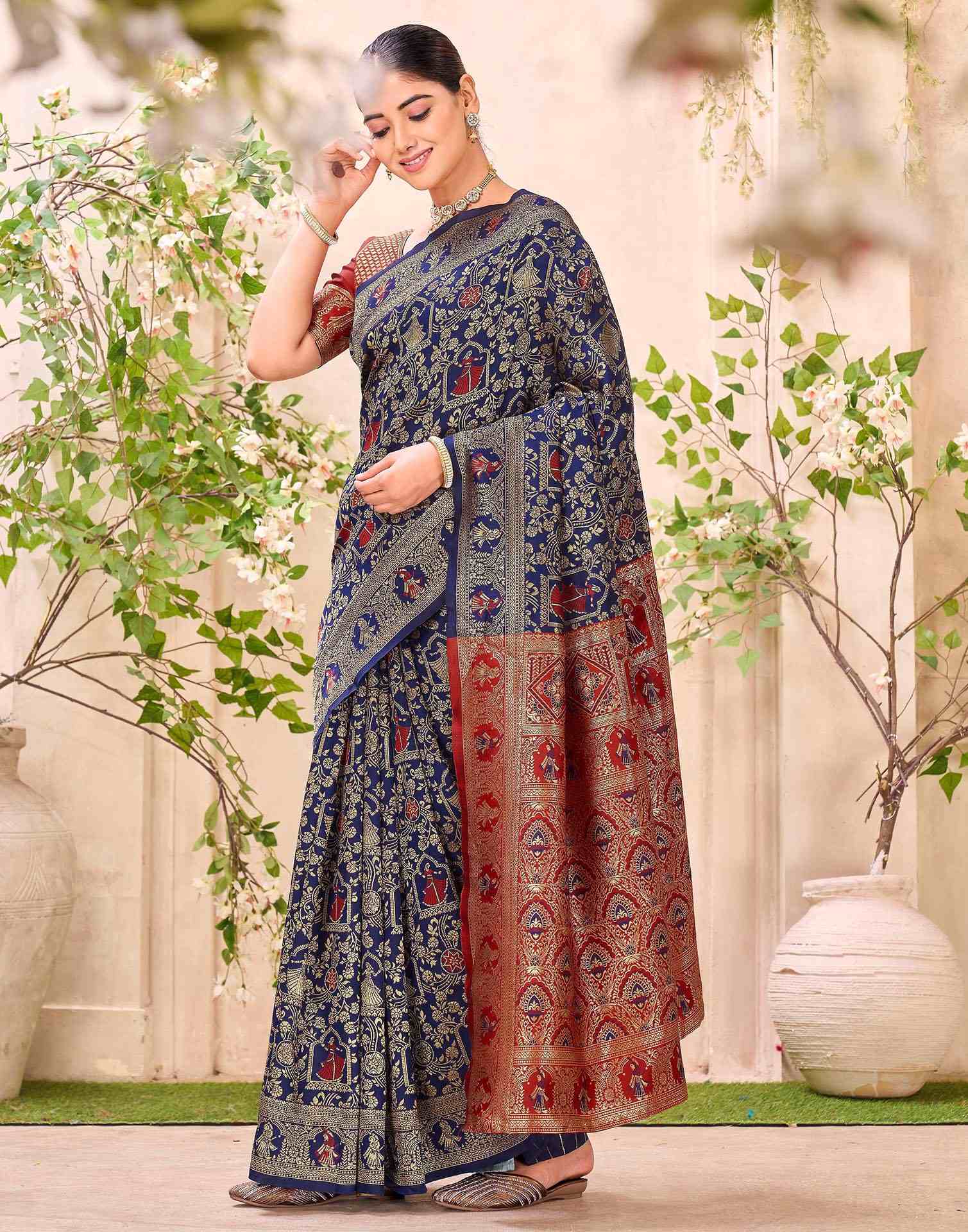 Navy Blue Silk Woven Baluchari Saree - Image 4