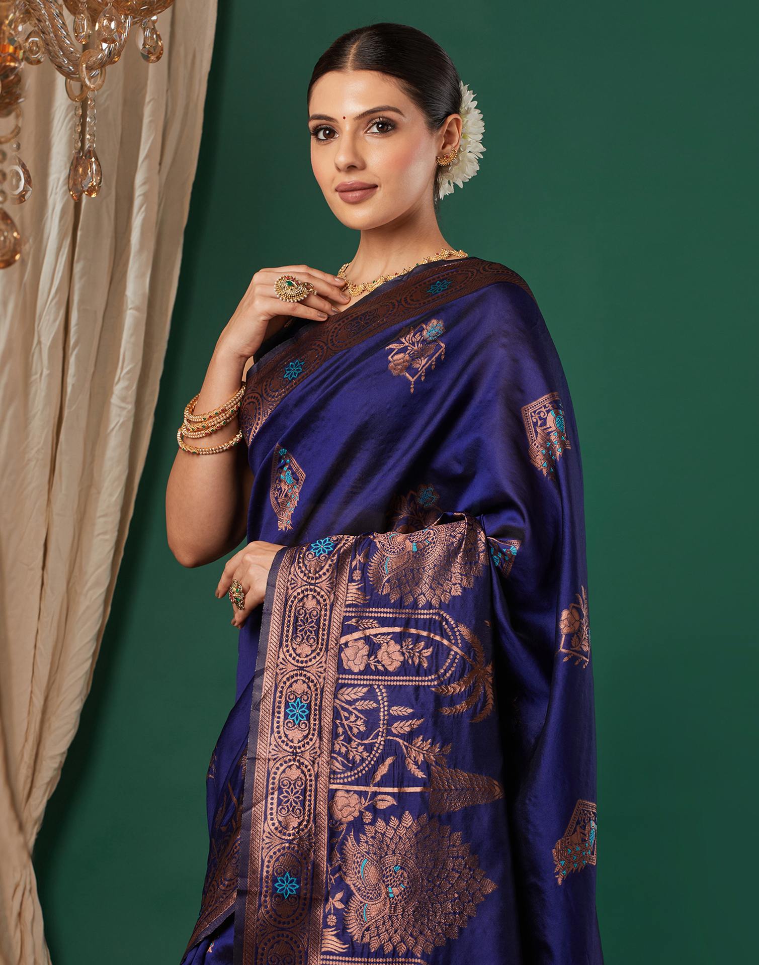 Navy Blue Silk Woven Banarasi Saree - Image 2
