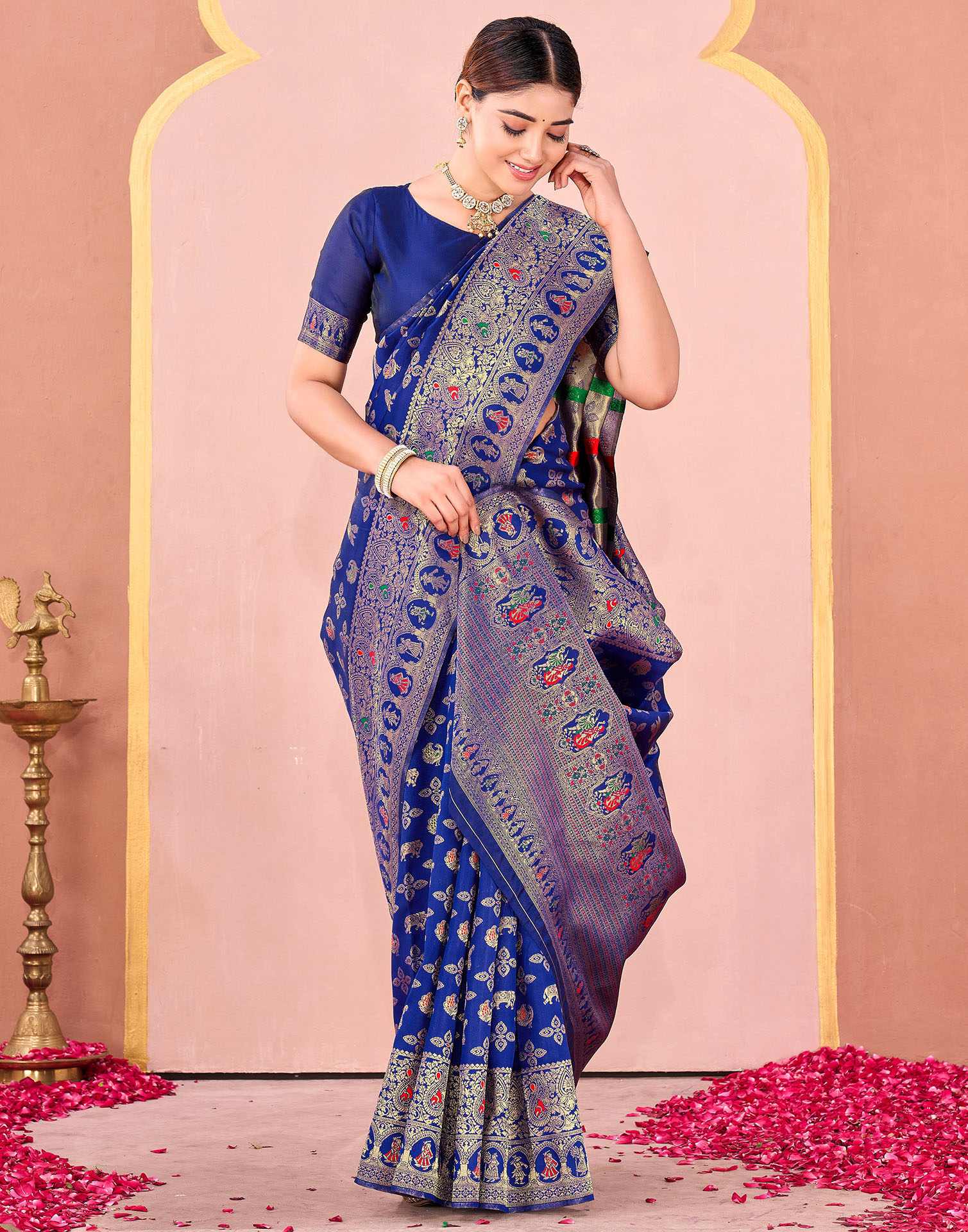 Navy Blue Silk Woven Banarasi Saree - Image 5