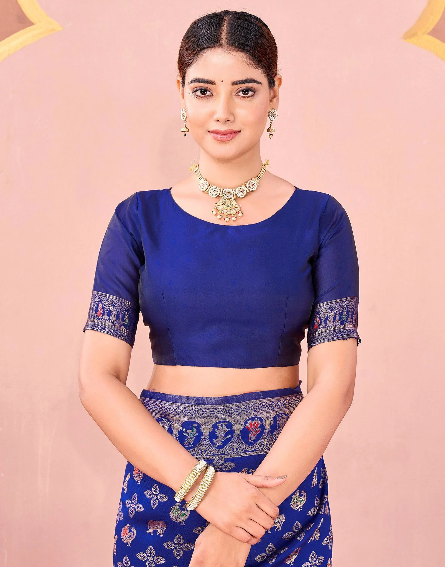 Navy Blue Silk Woven Banarasi Saree - Image 7