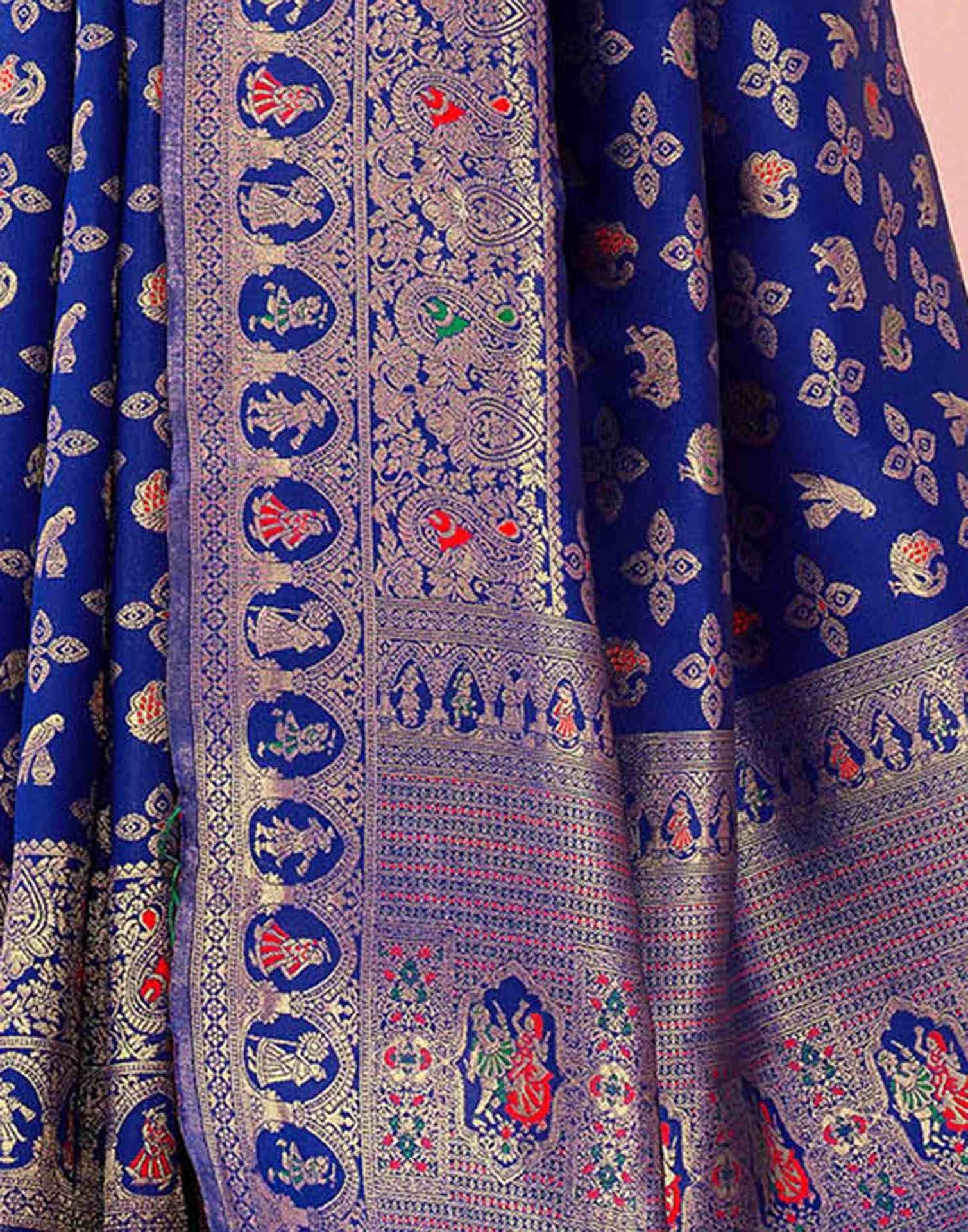 Navy Blue Silk Woven Banarasi Saree - Image 8