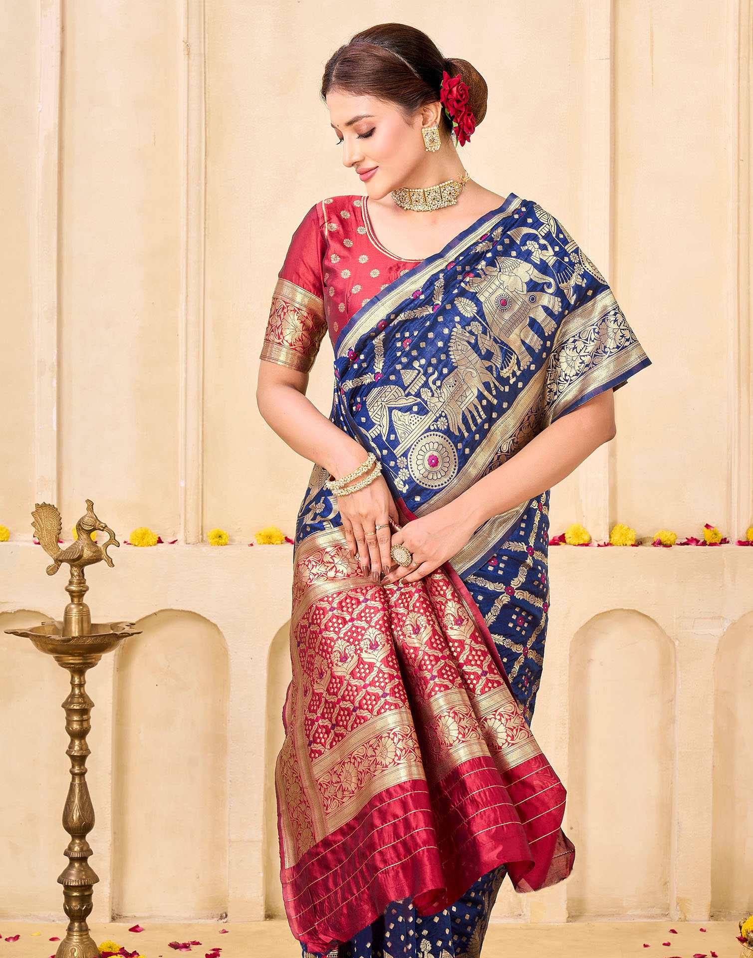 Navy Blue Silk Woven Banarasi Saree - Image 2