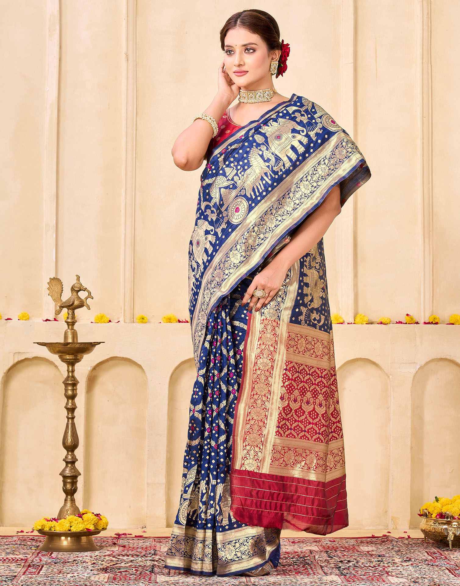 Navy Blue Silk Woven Banarasi Saree - Image 5