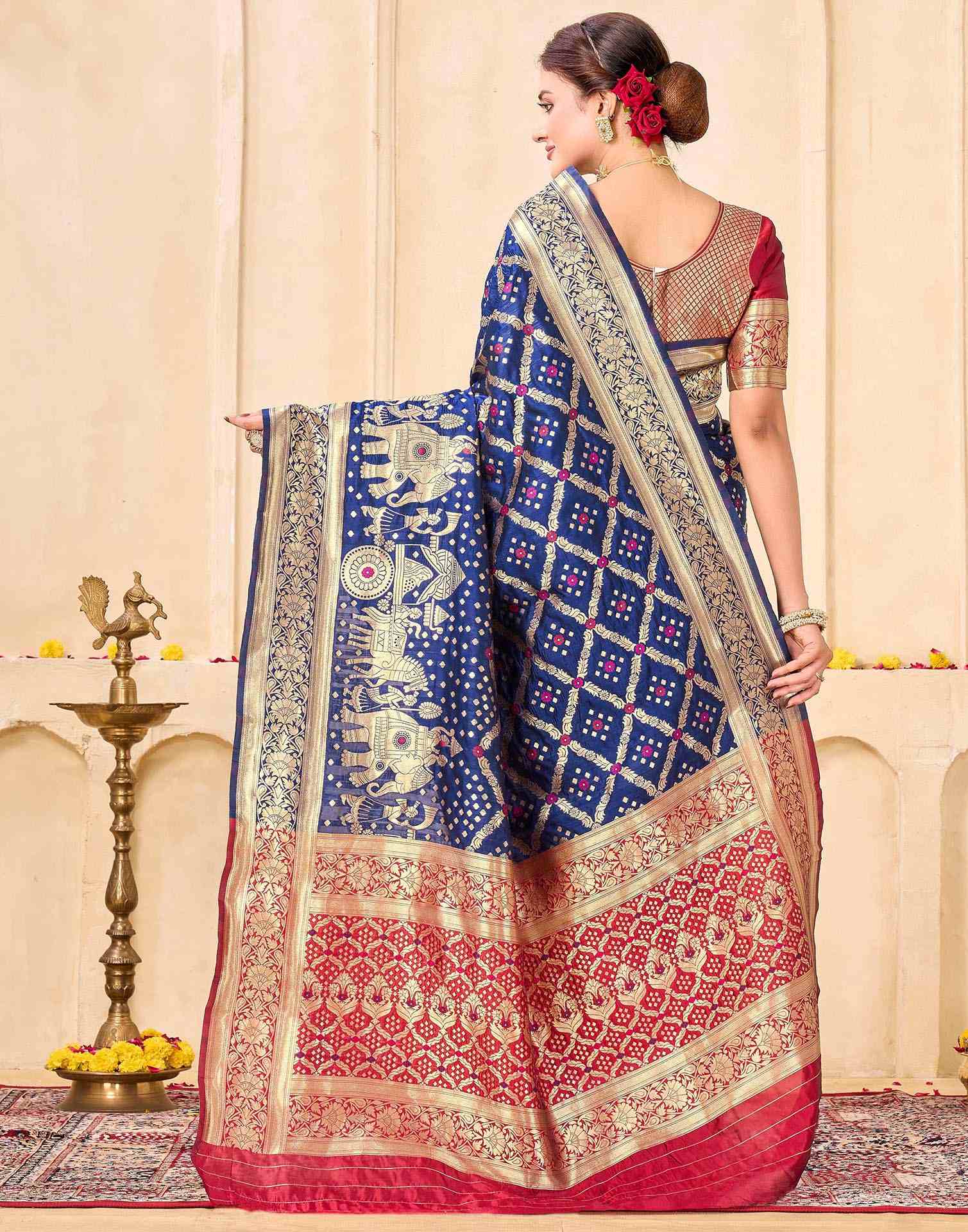 Navy Blue Silk Woven Banarasi Saree - Image 6