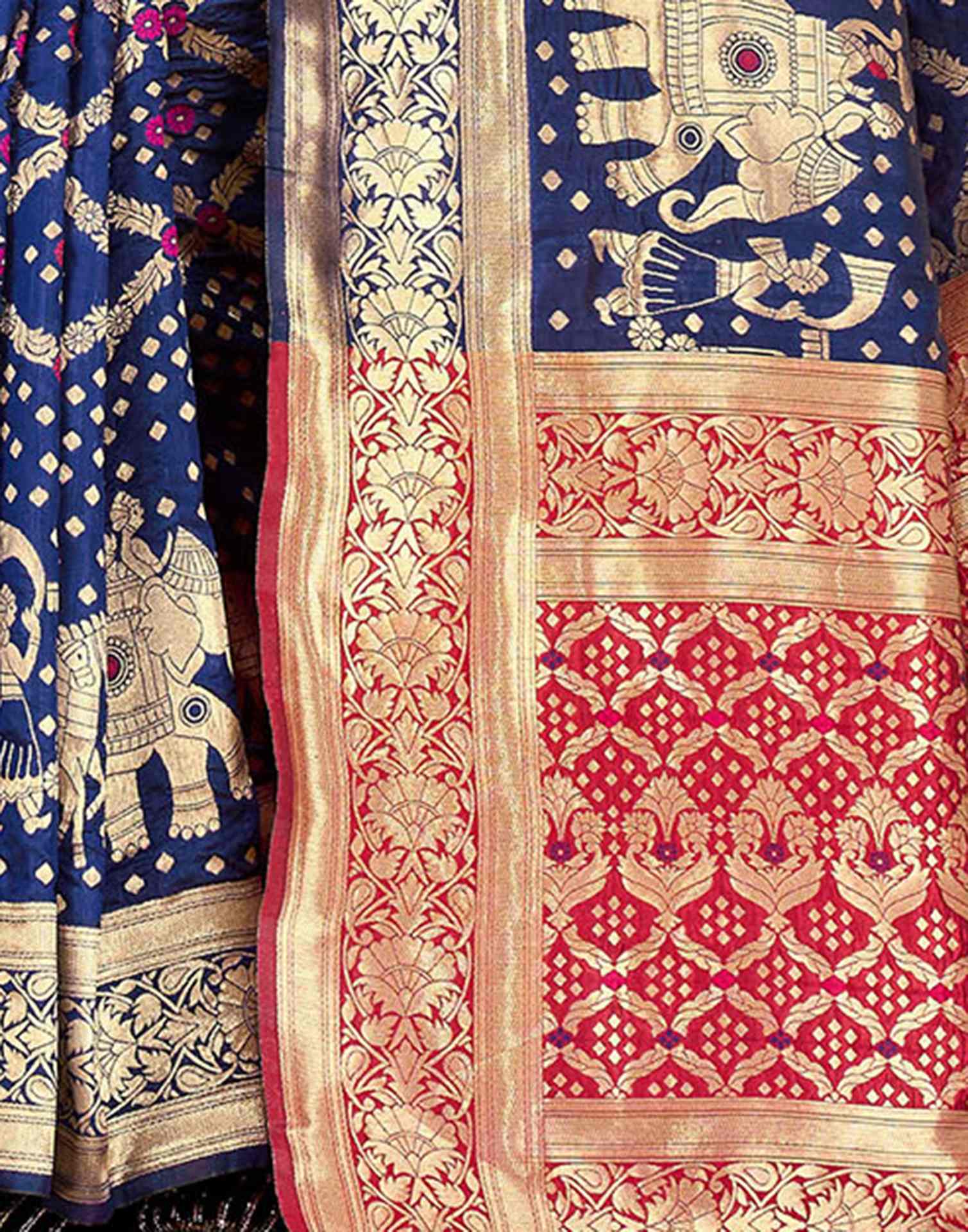 Navy Blue Silk Woven Banarasi Saree - Image 7