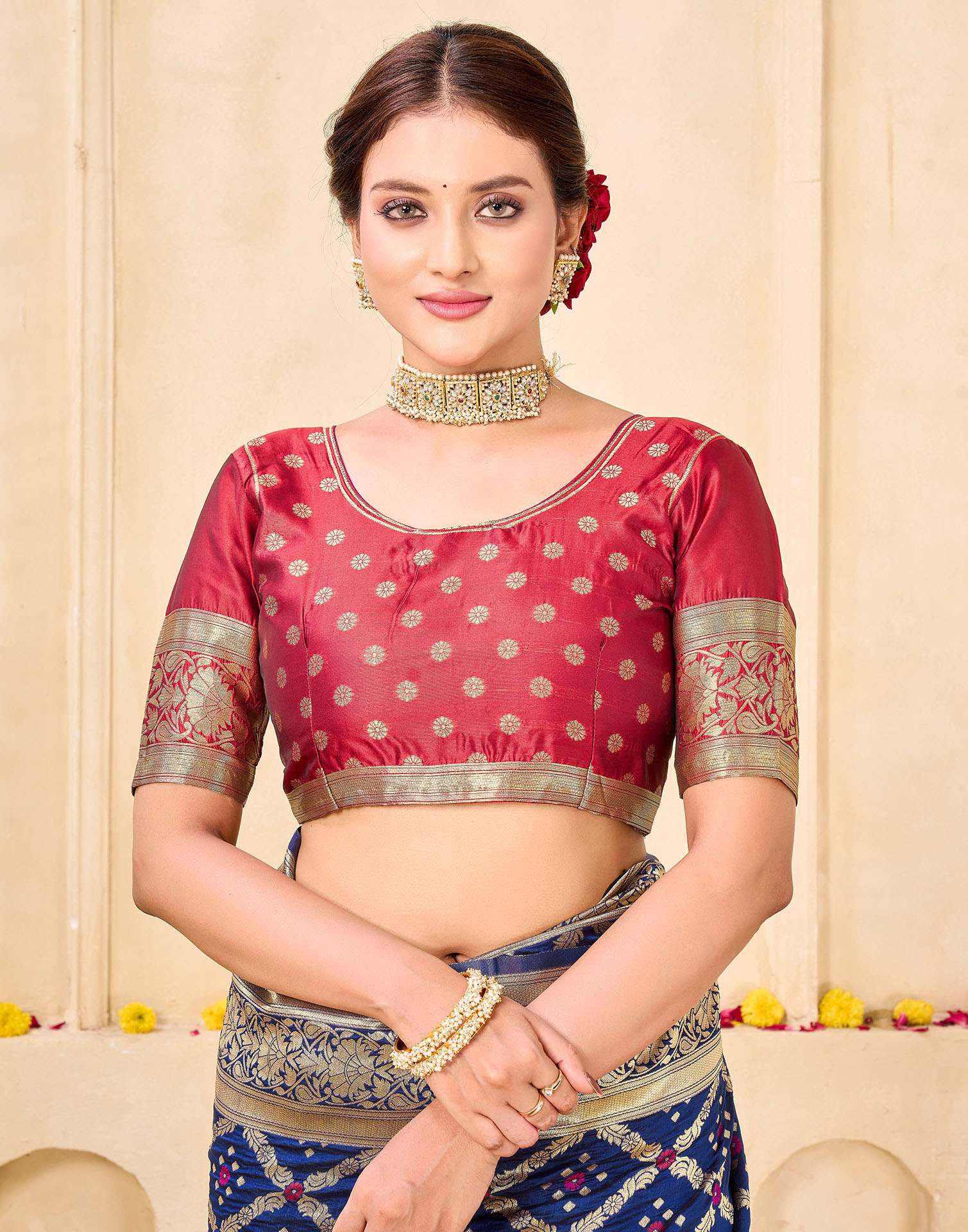 Navy Blue Silk Woven Banarasi Saree - Image 8