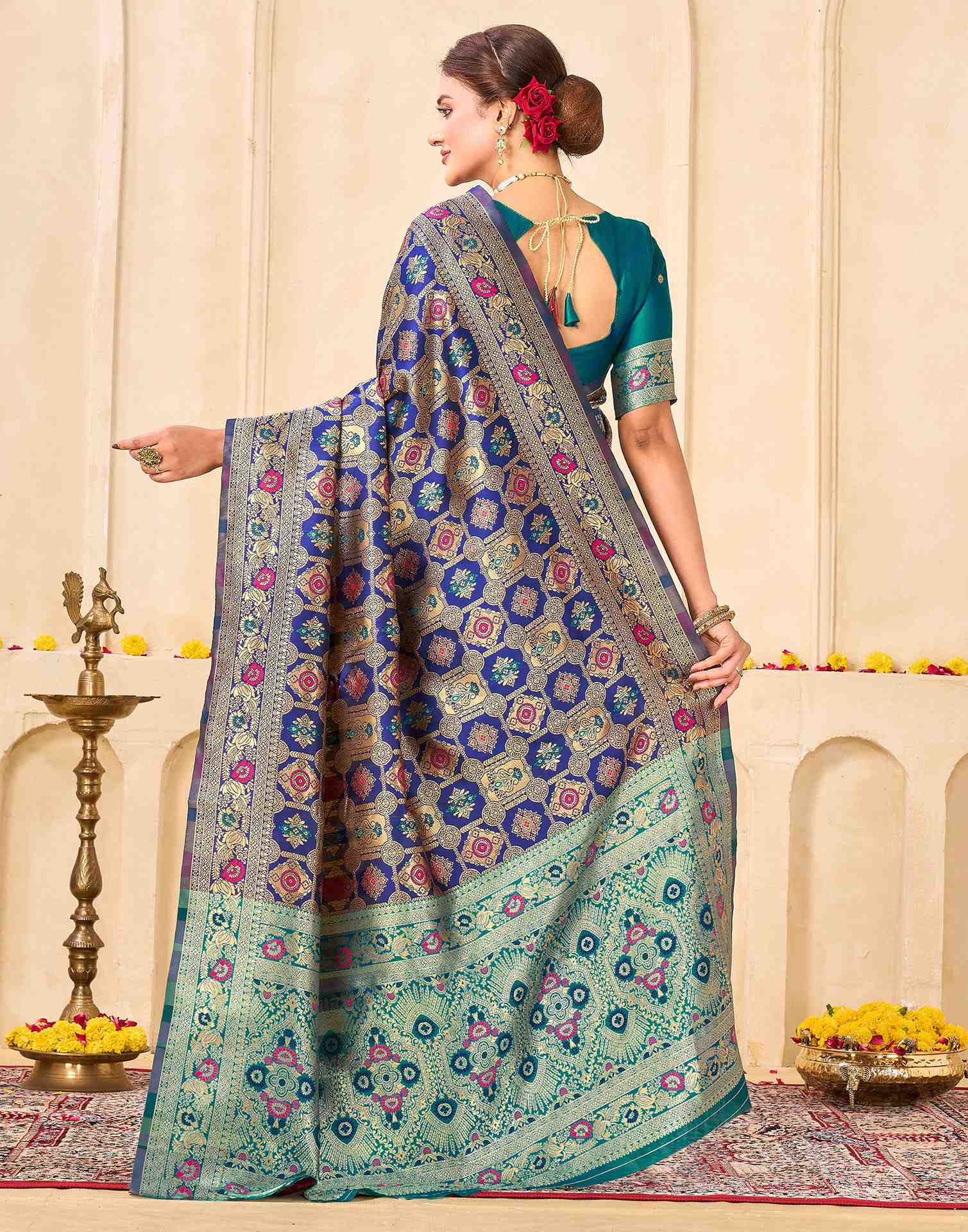Navy Blue Silk Woven Banarasi Saree - Image 6