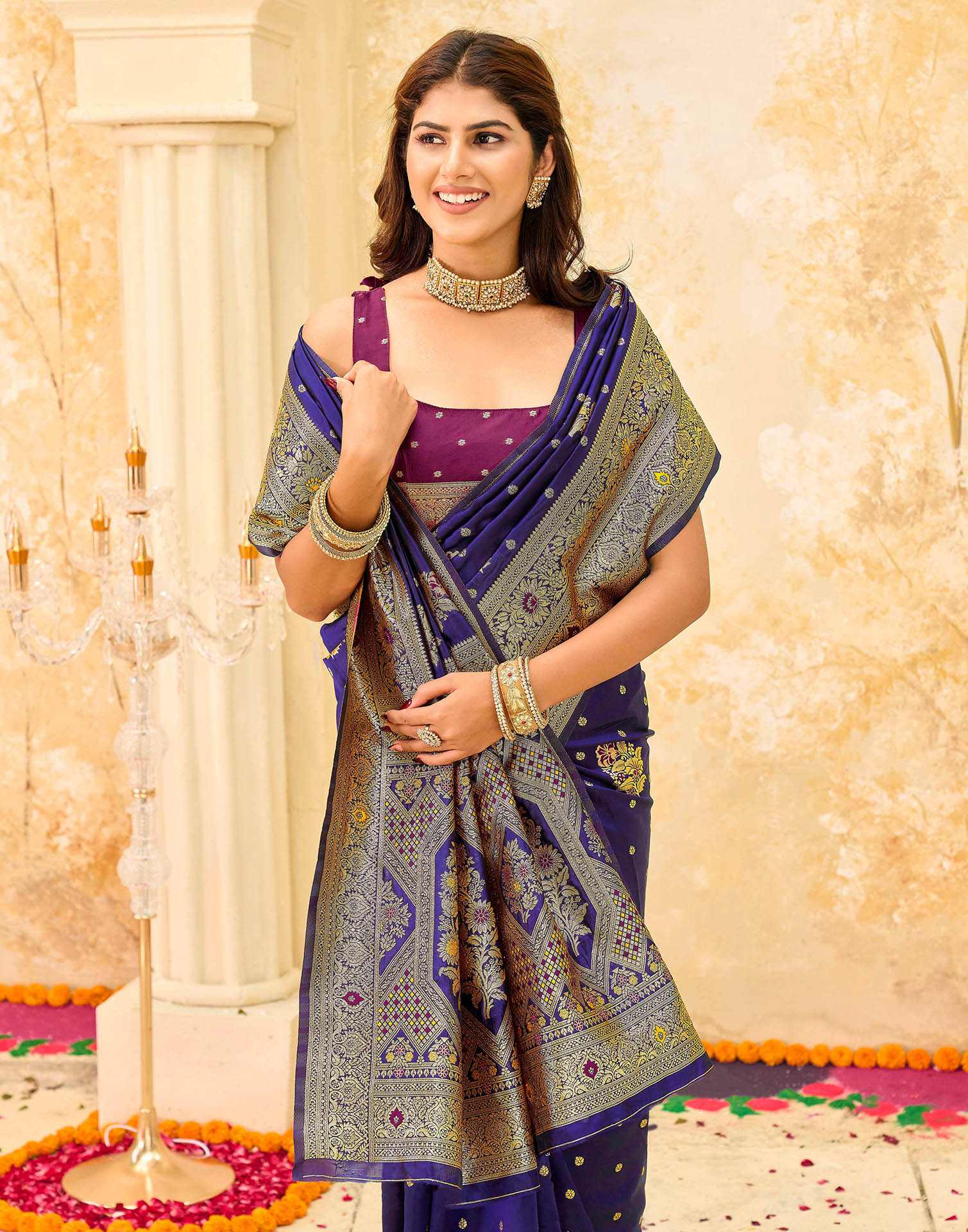 Navy Blue Silk Woven Banarasi Saree - Image 2