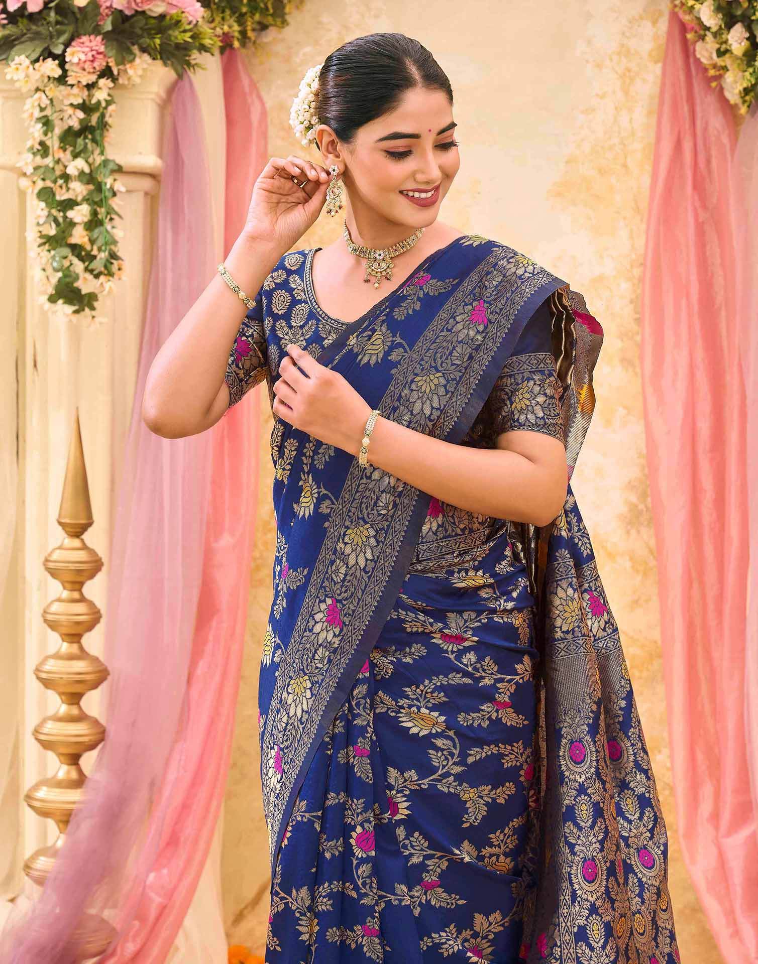 Navy Blue Silk Woven Banarasi Saree - Image 2