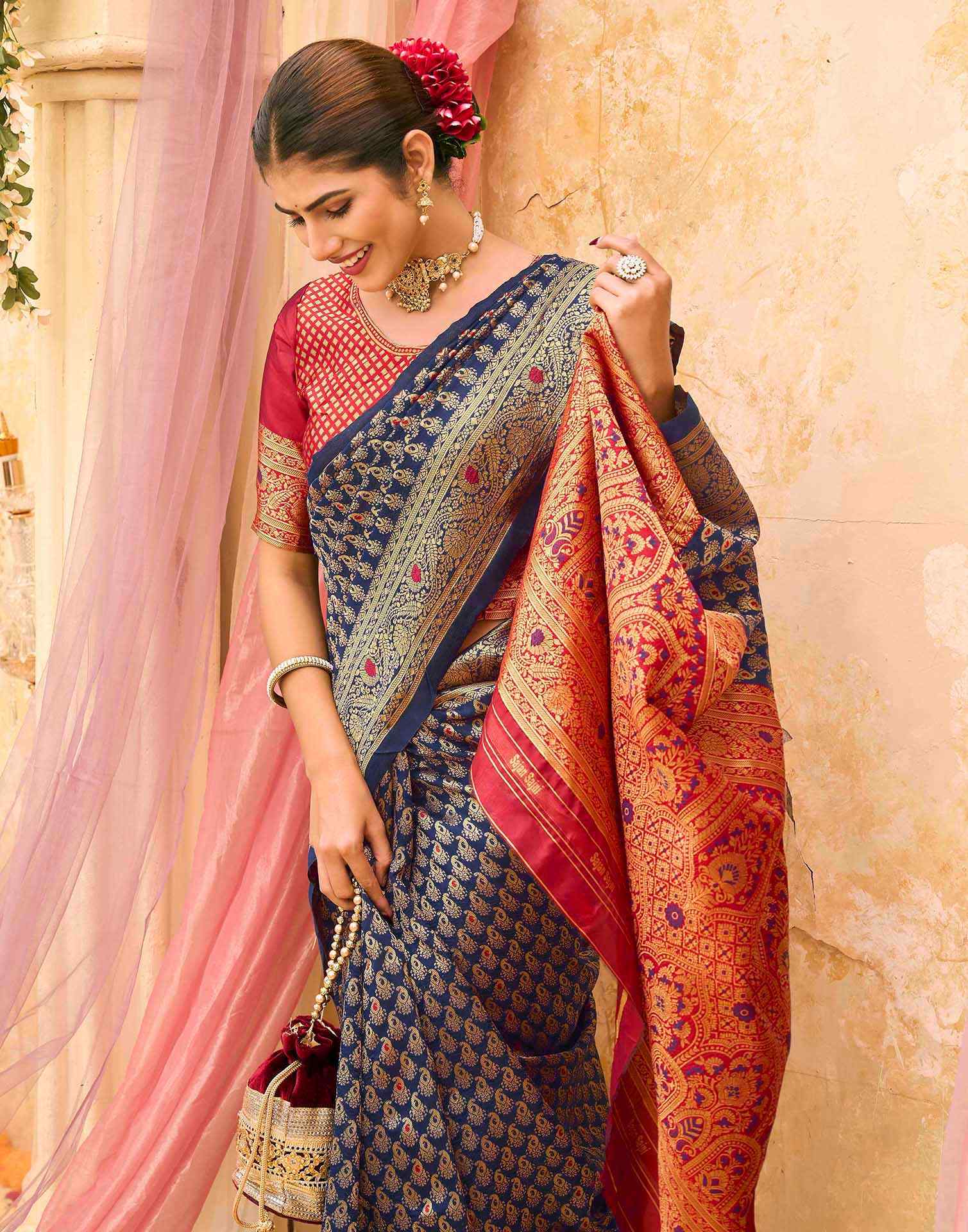 Navy Blue Silk Woven Banarasi Saree - Image 2