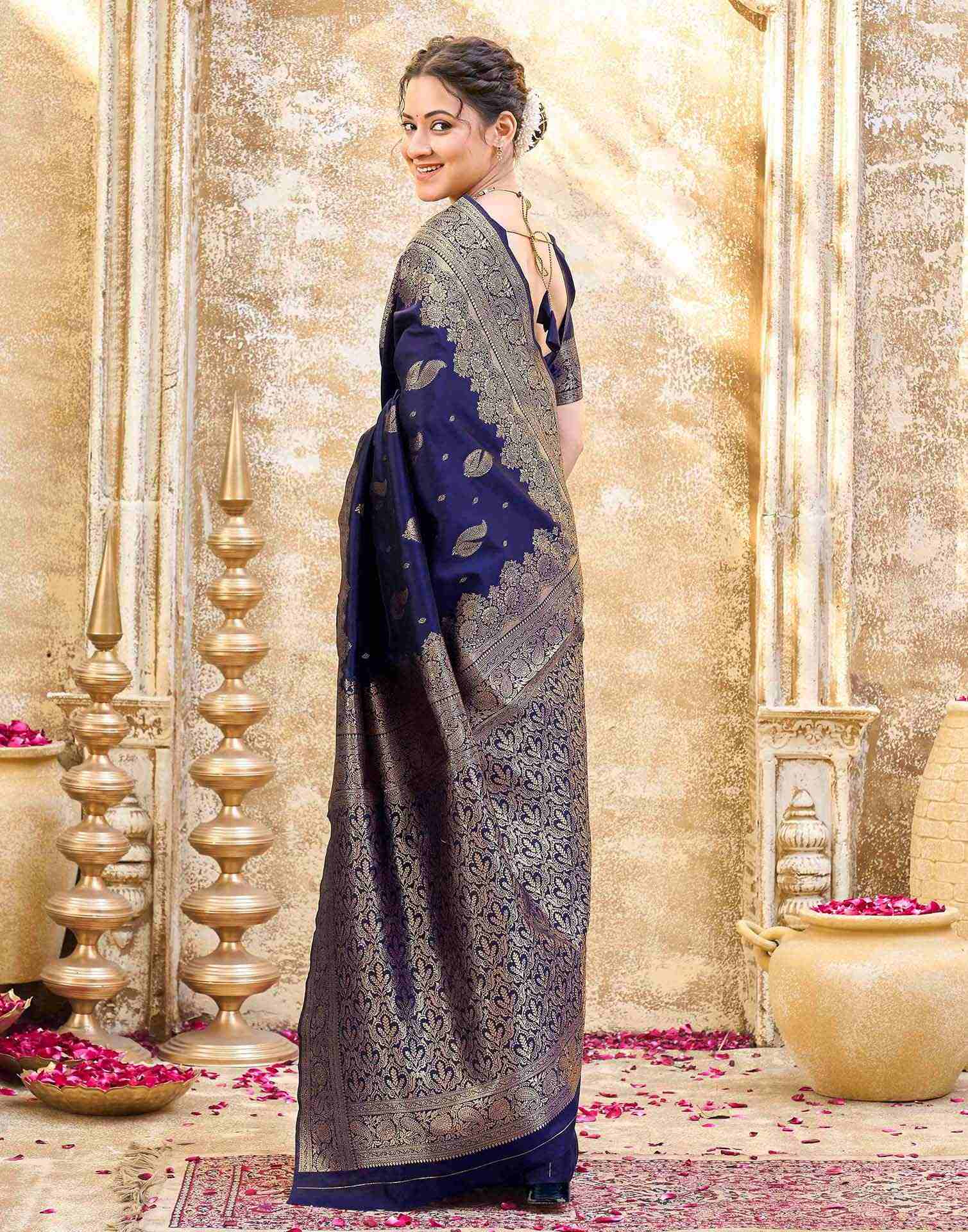 Navy Blue Silk Woven Banarasi Saree - Image 6