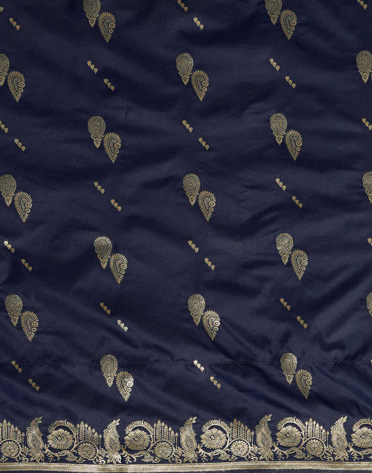 Navy Blue Silk Woven Banarasi Saree - Image 8