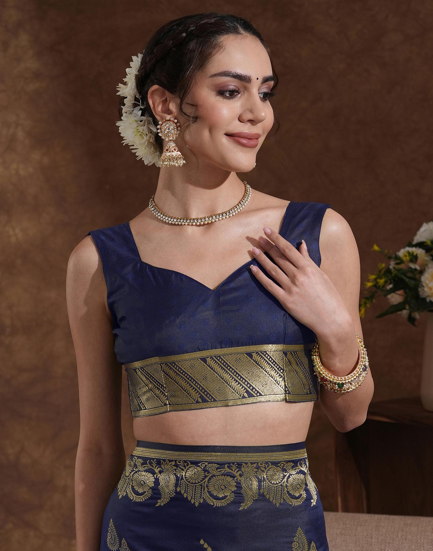 Navy Blue Silk Woven Banarasi Saree - Image 9