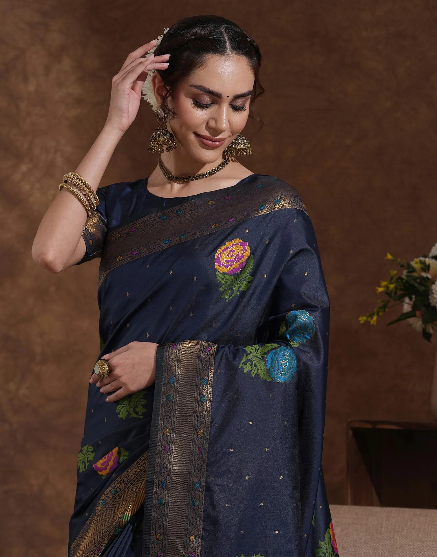 Navy Blue Silk Woven Banarasi Saree - Image 2