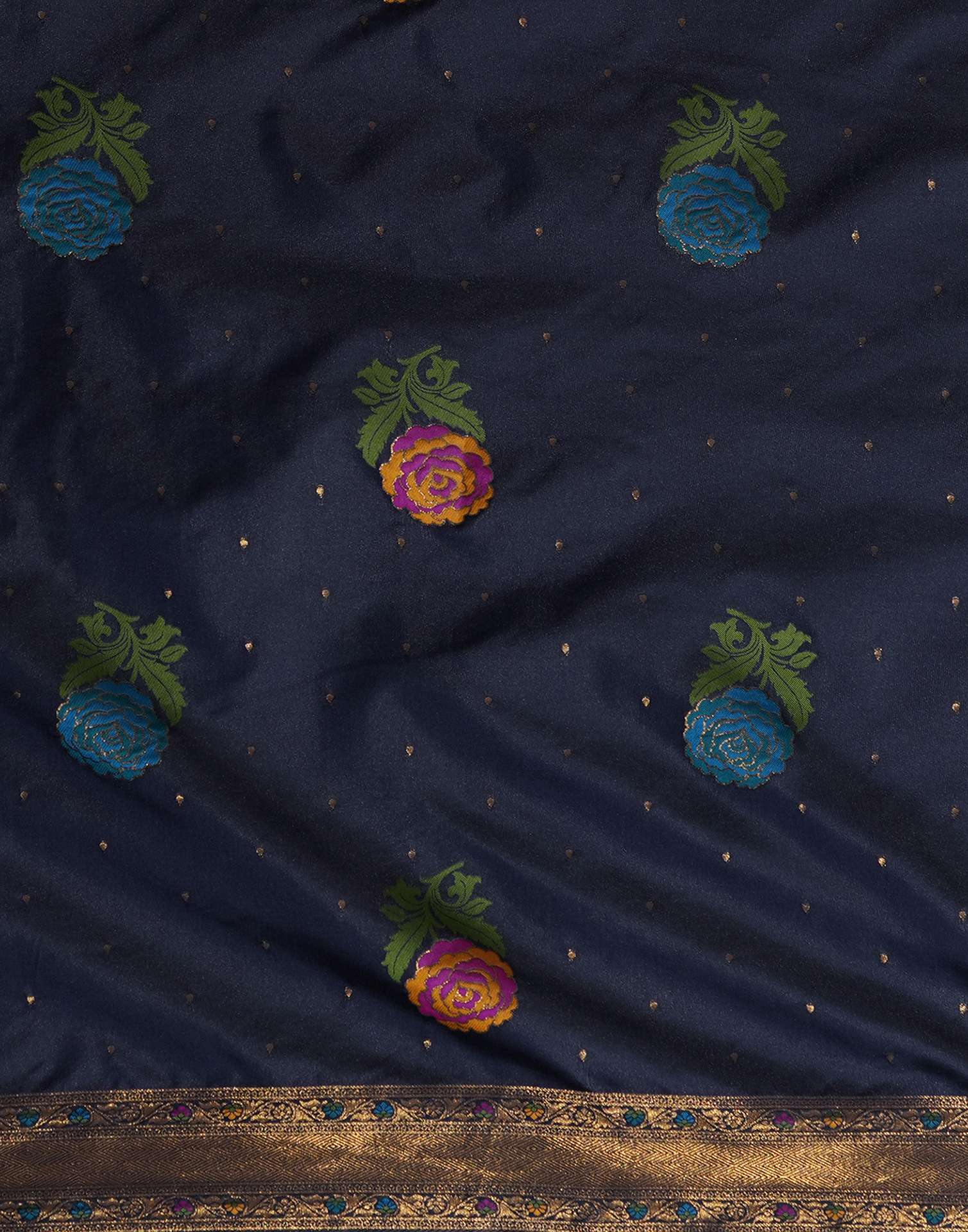 Navy Blue Silk Woven Banarasi Saree - Image 8