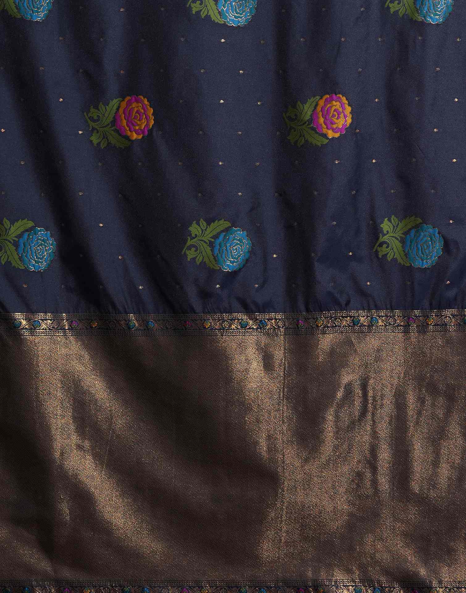 Navy Blue Silk Woven Banarasi Saree - Image 9
