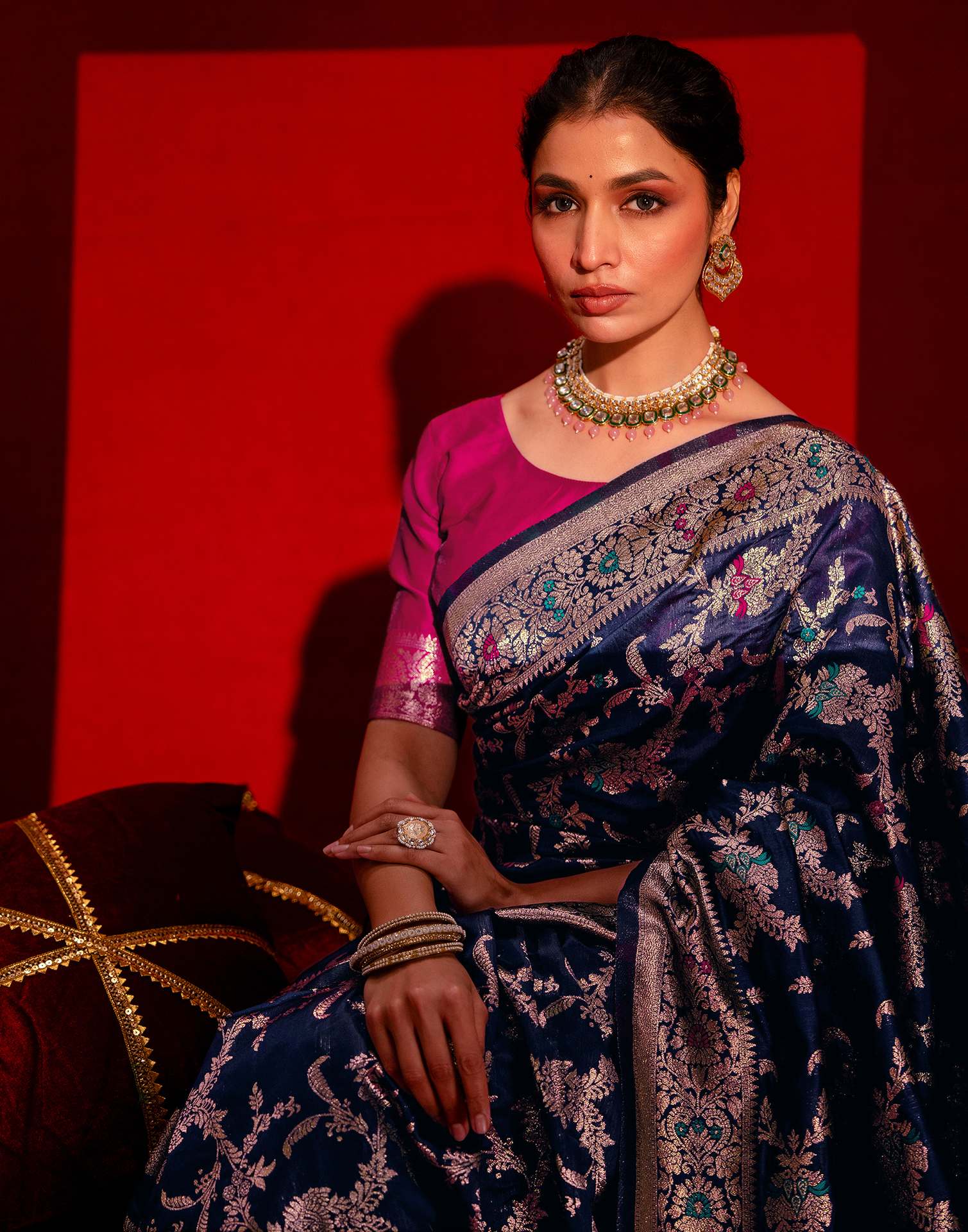 Navy Blue Silk Woven Banarasi Saree - Image 8