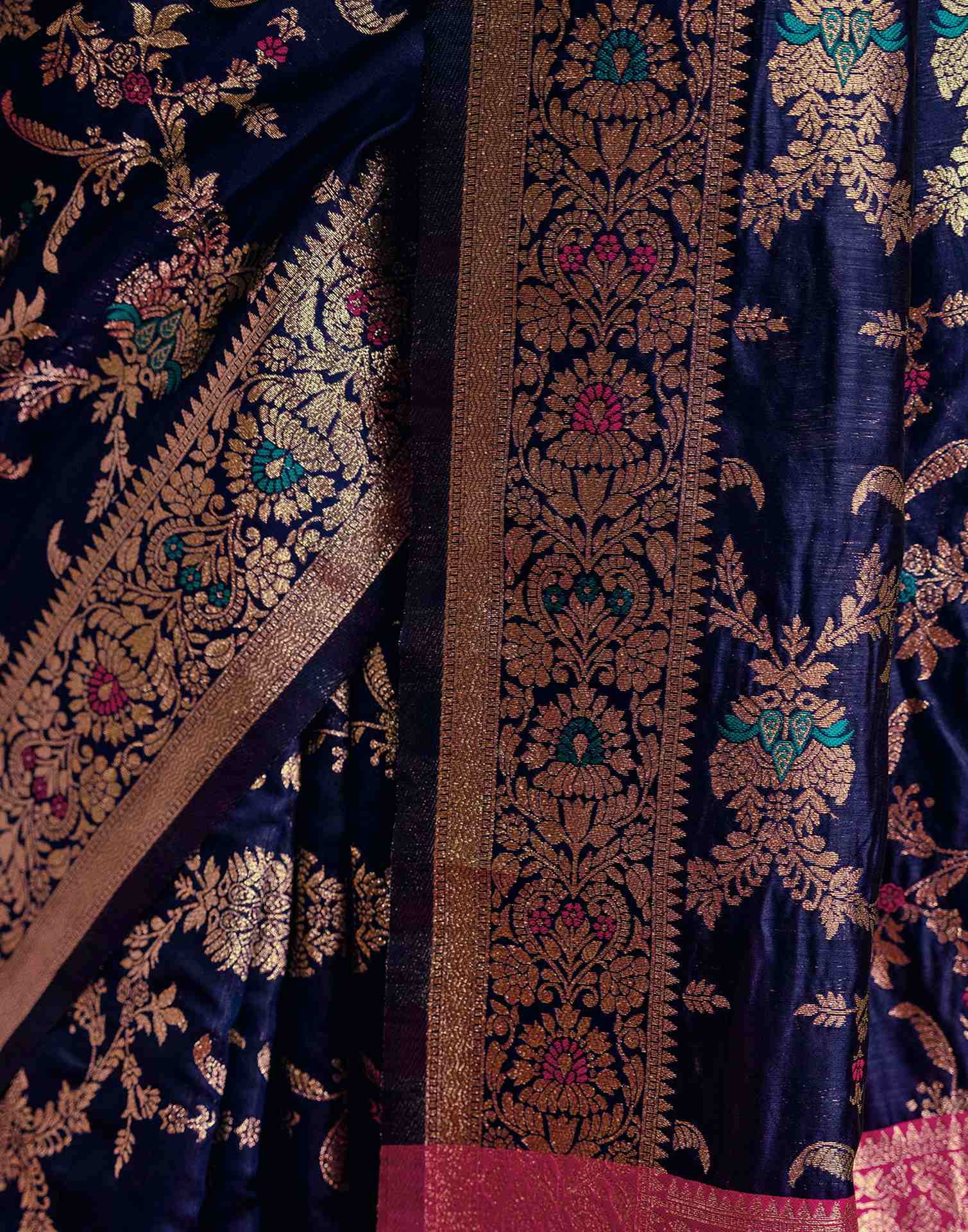 Navy Blue Silk Woven Banarasi Saree - Image 9