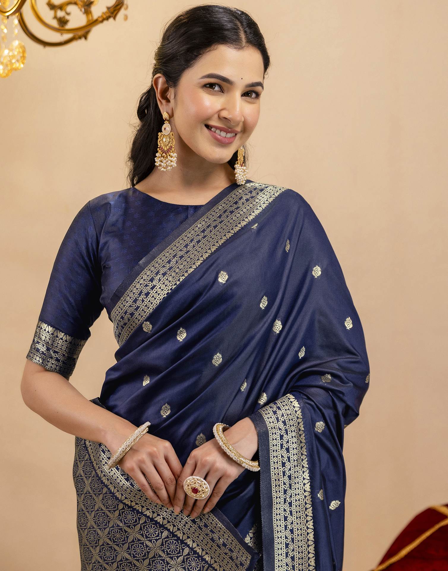 Navy Blue Silk Woven Banarasi Saree - Image 2