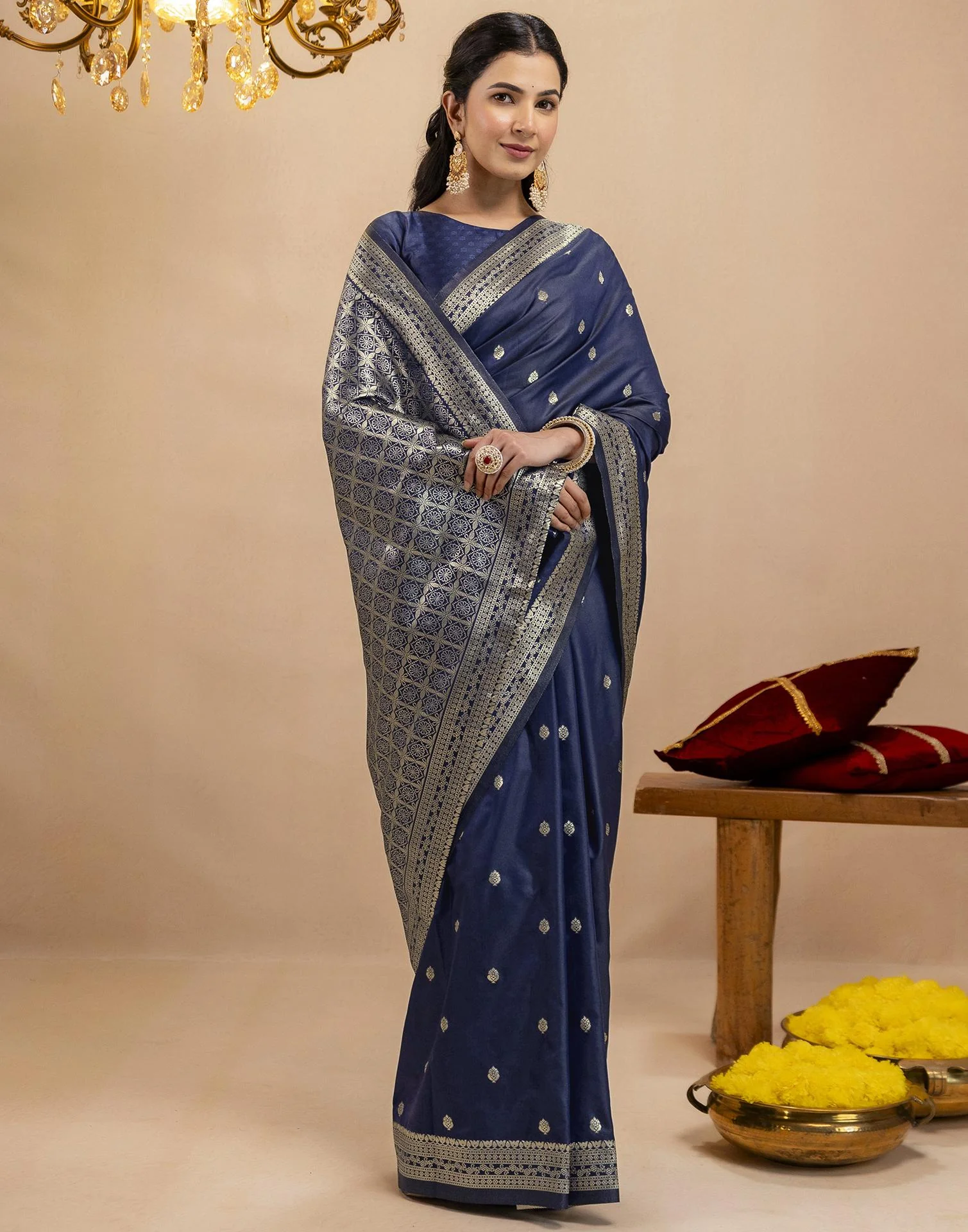 Navy Blue Silk Woven Banarasi Saree - Image 8