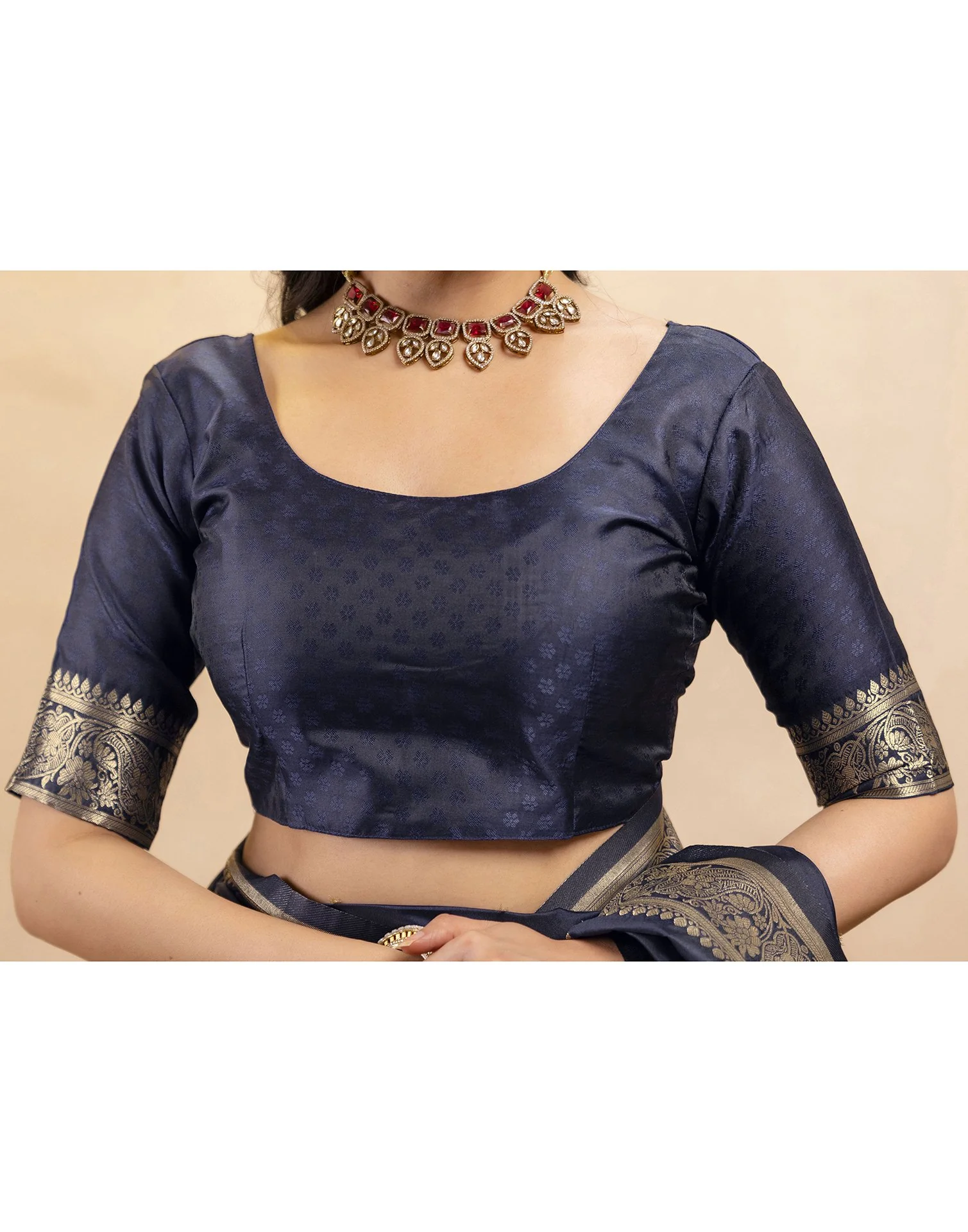Navy Blue Silk Woven Banarasi Saree - Image 12