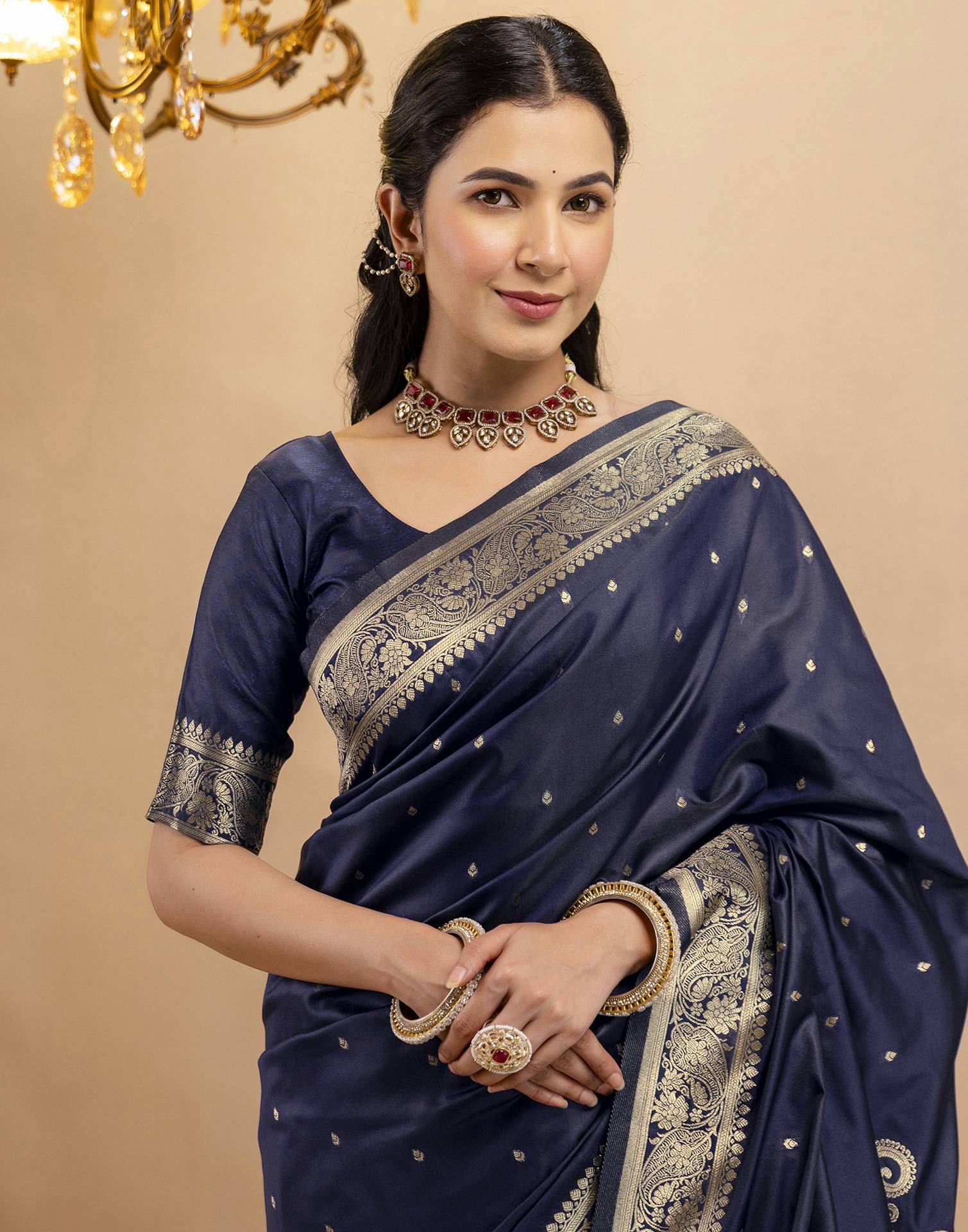 Navy Blue Silk Woven Banarasi Saree - Image 2